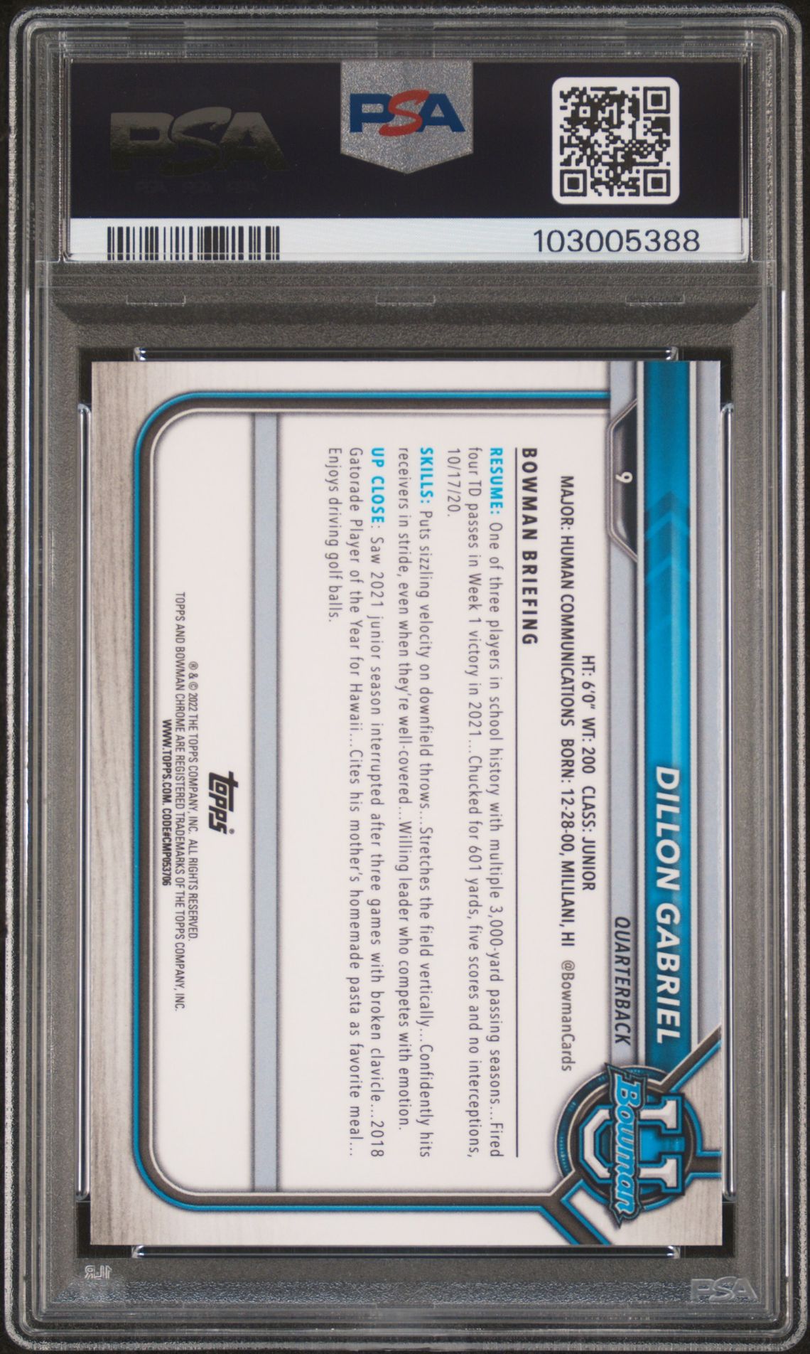 2021 Bowman University Chrome Prospects Dillon Gabriel #9 (Chr.prospects-Pink Ref.) Mint 9 back