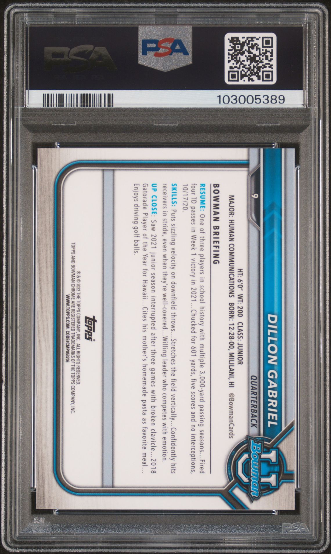 2021 Bowman University Chrome Prospects Dillon Gabriel #9 (Chr.prospects-Pink Ref.) Gem Mt 10 back