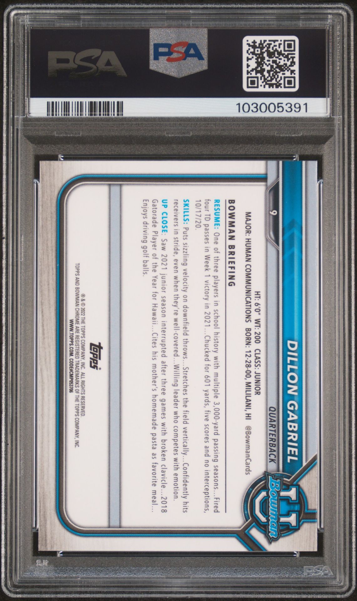 2021 Bowman University Chrome Prospects Dillon Gabriel #9 (Chr.prospects-Pink Ref.) Gem Mt 10 back