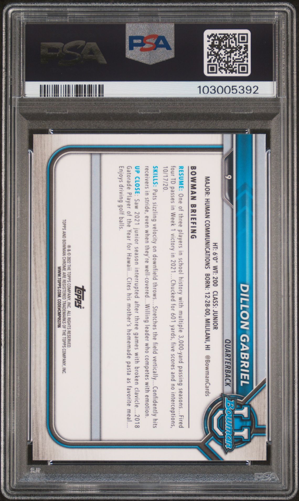 2021 Bowman University Chrome Prospects Dillon Gabriel #9 (Chr.prospects-Pink Ref.) Gem Mt 10 back