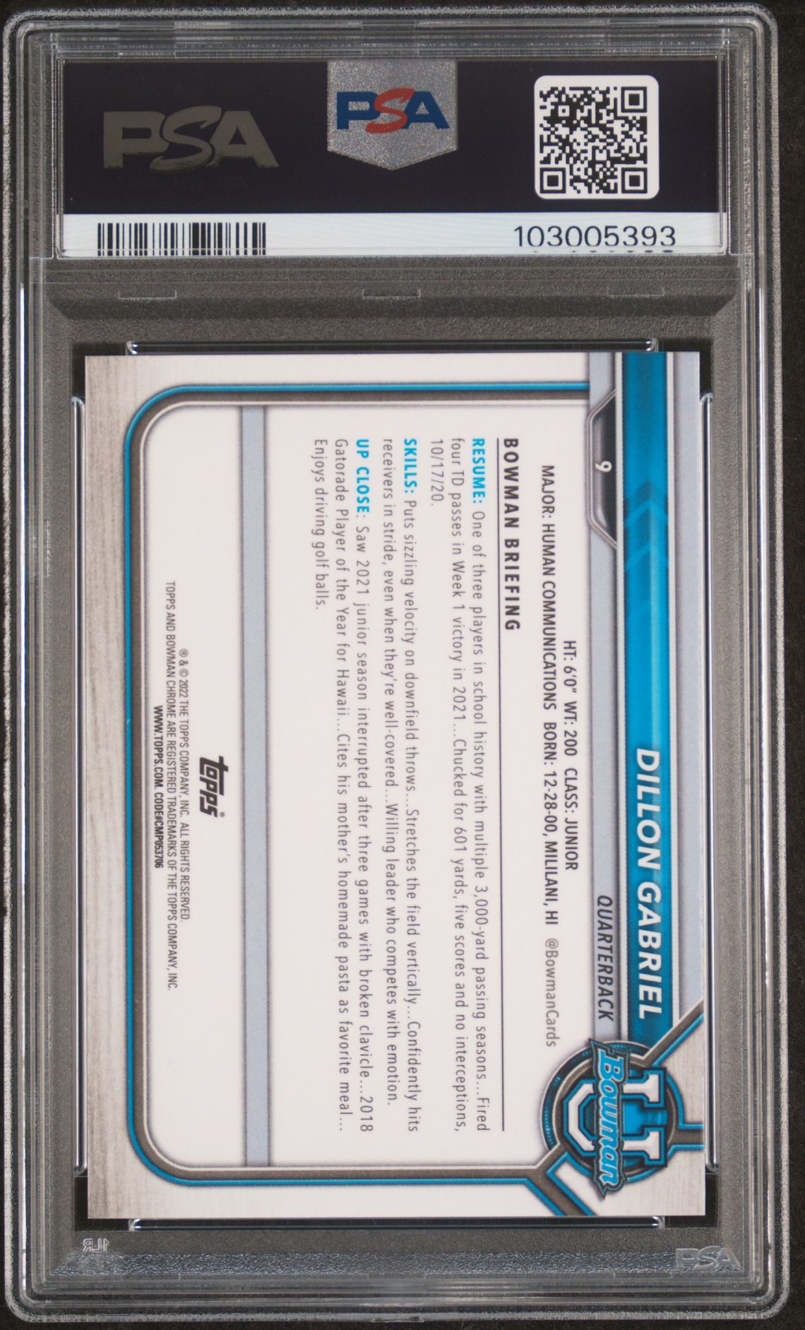 2021 Bowman University Chrome Prospects Dillon Gabriel #9 (Chr.prospects-Pink Ref.) Gem Mt 10 back