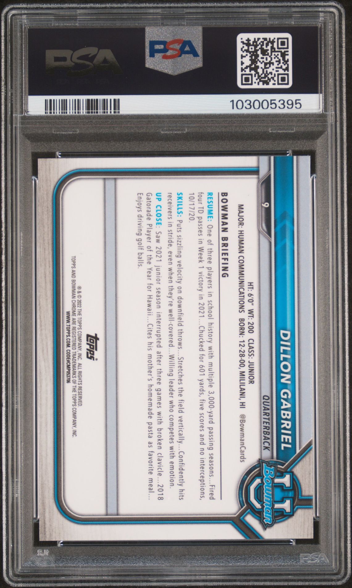 2021 Bowman University Chrome Prospects Dillon Gabriel #9 (Chr.prospects-Pink Ref.) Mint 9 back