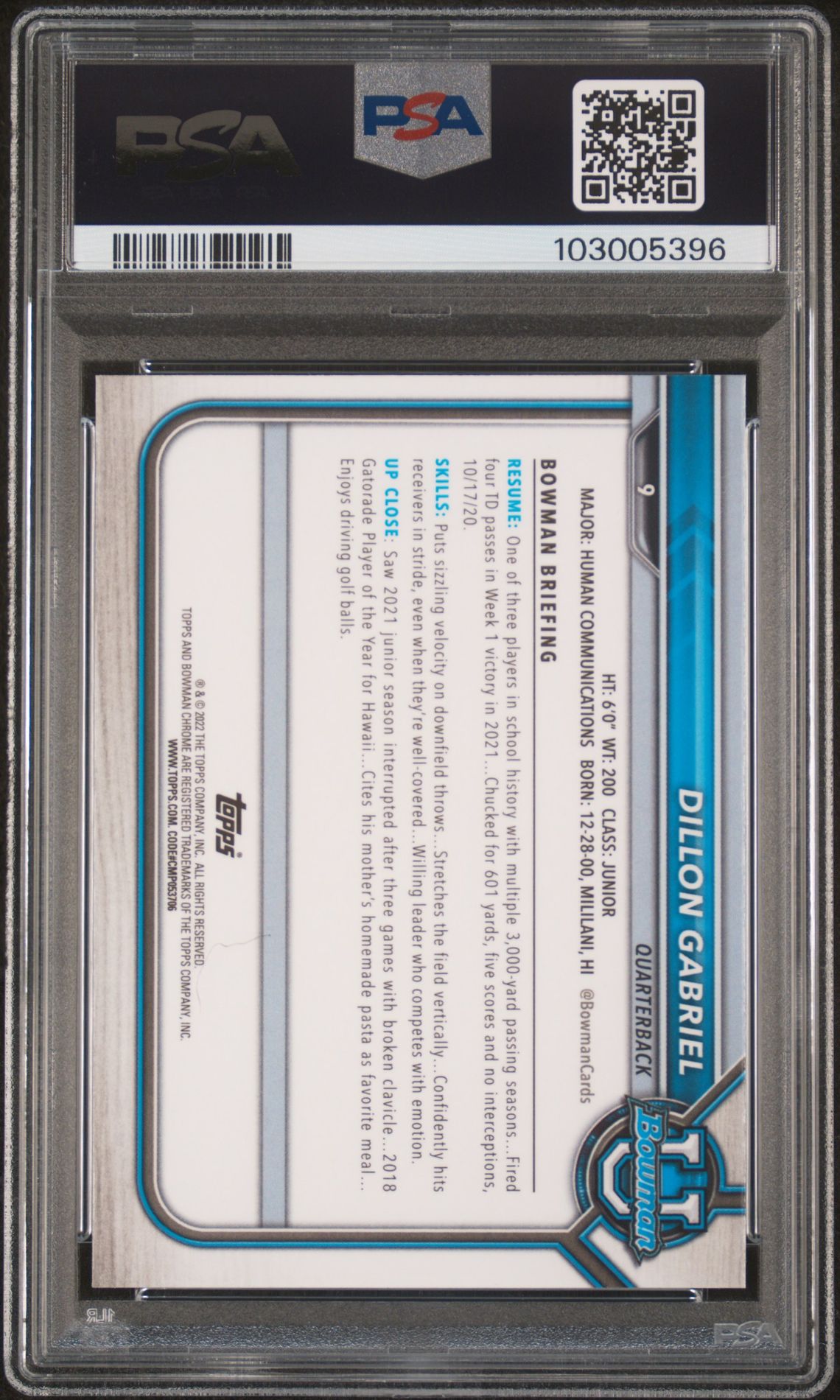 2021 Bowman University Chrome Prospects Dillon Gabriel #9 (Chr.prospects-Pink Ref.) Nm-Mt 8 back