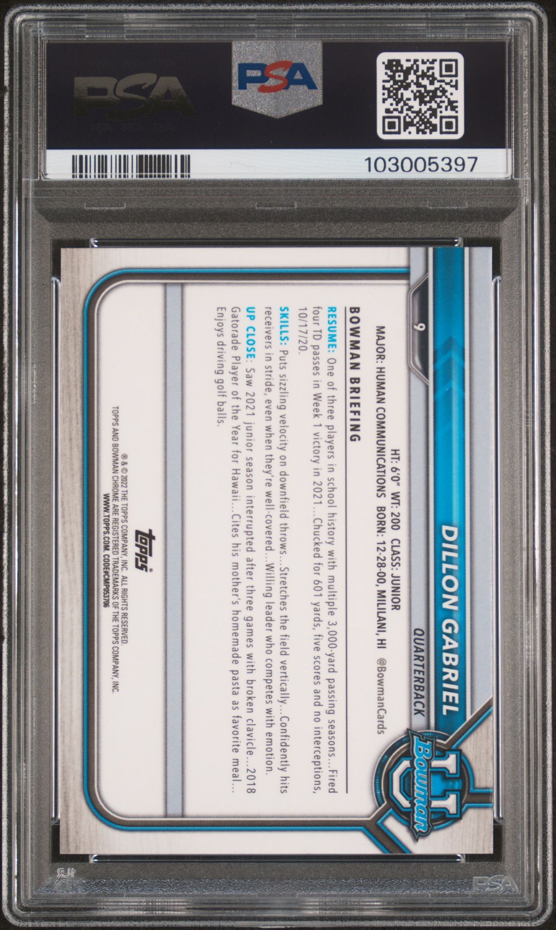 2021 Bowman University Chrome Prospects Dillon Gabriel #9 (Chr.prospects-Pink Ref.) Mint 9 back