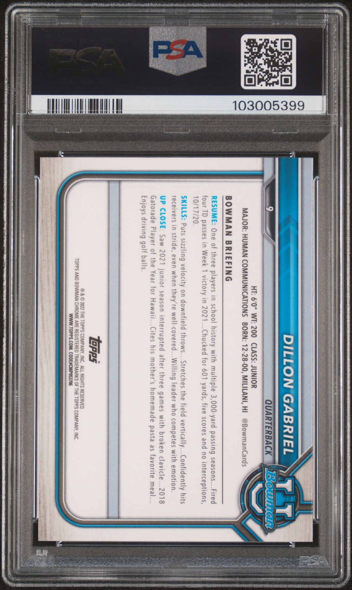 2021 Bowman University Chrome Prospects Dillon Gabriel #9 (Chr.prospects-Pink Ref.) Mint 9 back