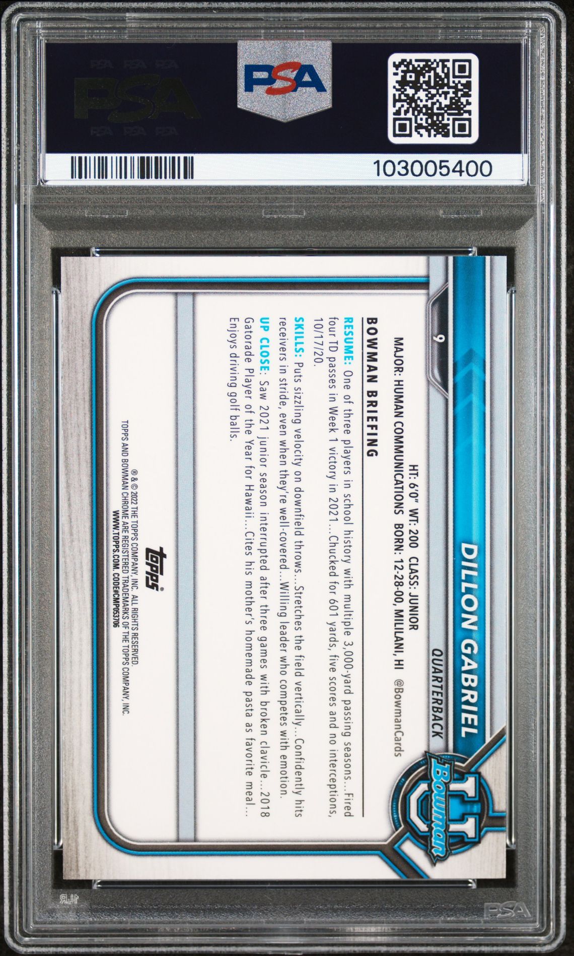 2021 Bowman University Chrome Prospects Dillon Gabriel #9 (Chr.prospects-Pink Ref.) Mint 9 back