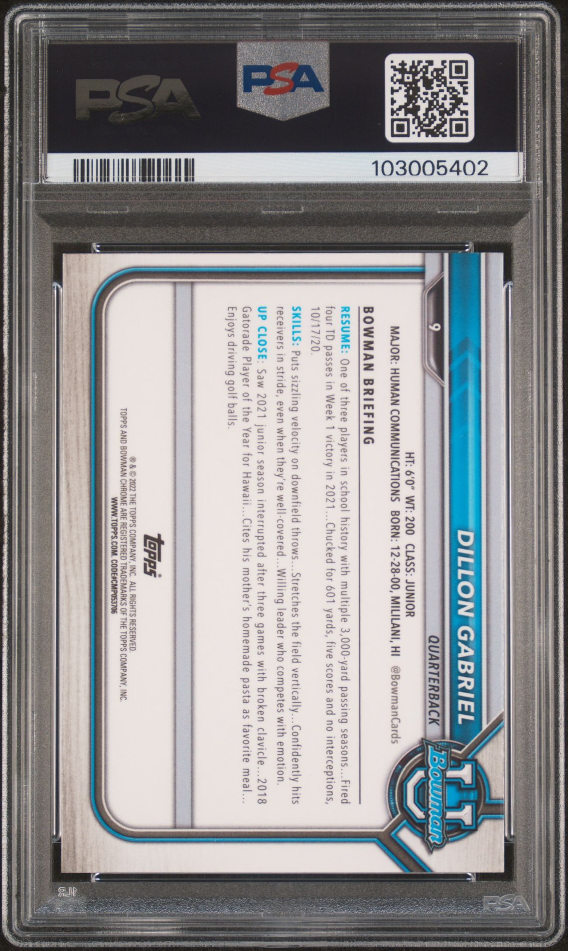 2021 Bowman University Chrome Prospects Dillon Gabriel #9 (Chr.prospects-Pink Ref.) Nm-Mt 8 back