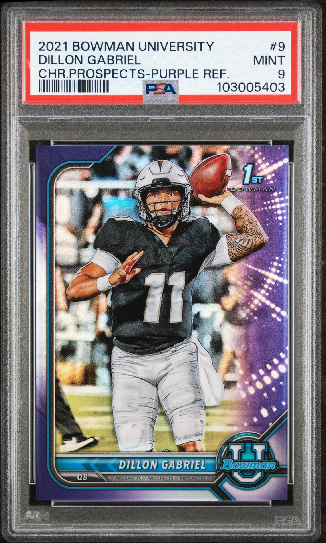 2021 Bowman University Chrome Prospects Dillon Gabriel #9 (Chr.prospects-Purple Ref.) Mint 9 front