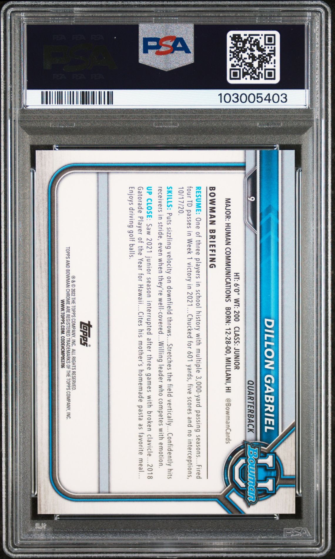 2021 Bowman University Chrome Prospects Dillon Gabriel #9 (Chr.prospects-Purple Ref.) Mint 9 back