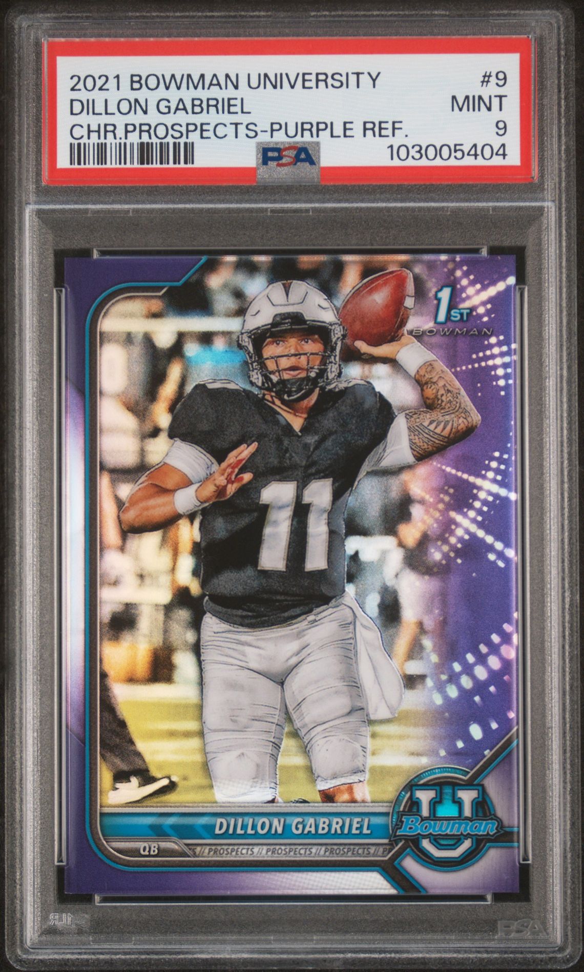 2021 Bowman University Chrome Prospects Dillon Gabriel #9 (Chr.prospects-Purple Ref.) Mint 9 front