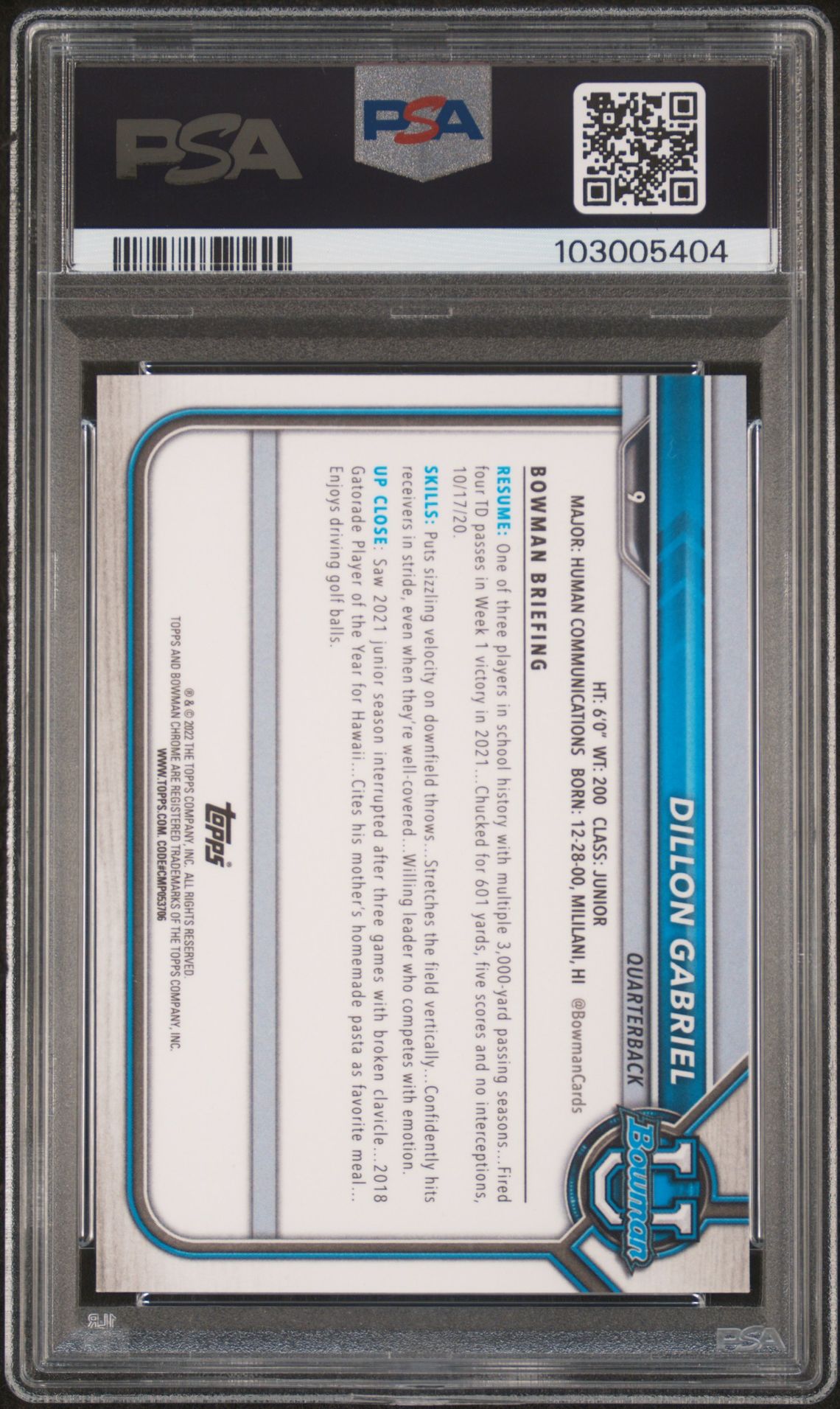 2021 Bowman University Chrome Prospects Dillon Gabriel #9 (Chr.prospects-Purple Ref.) Mint 9 back