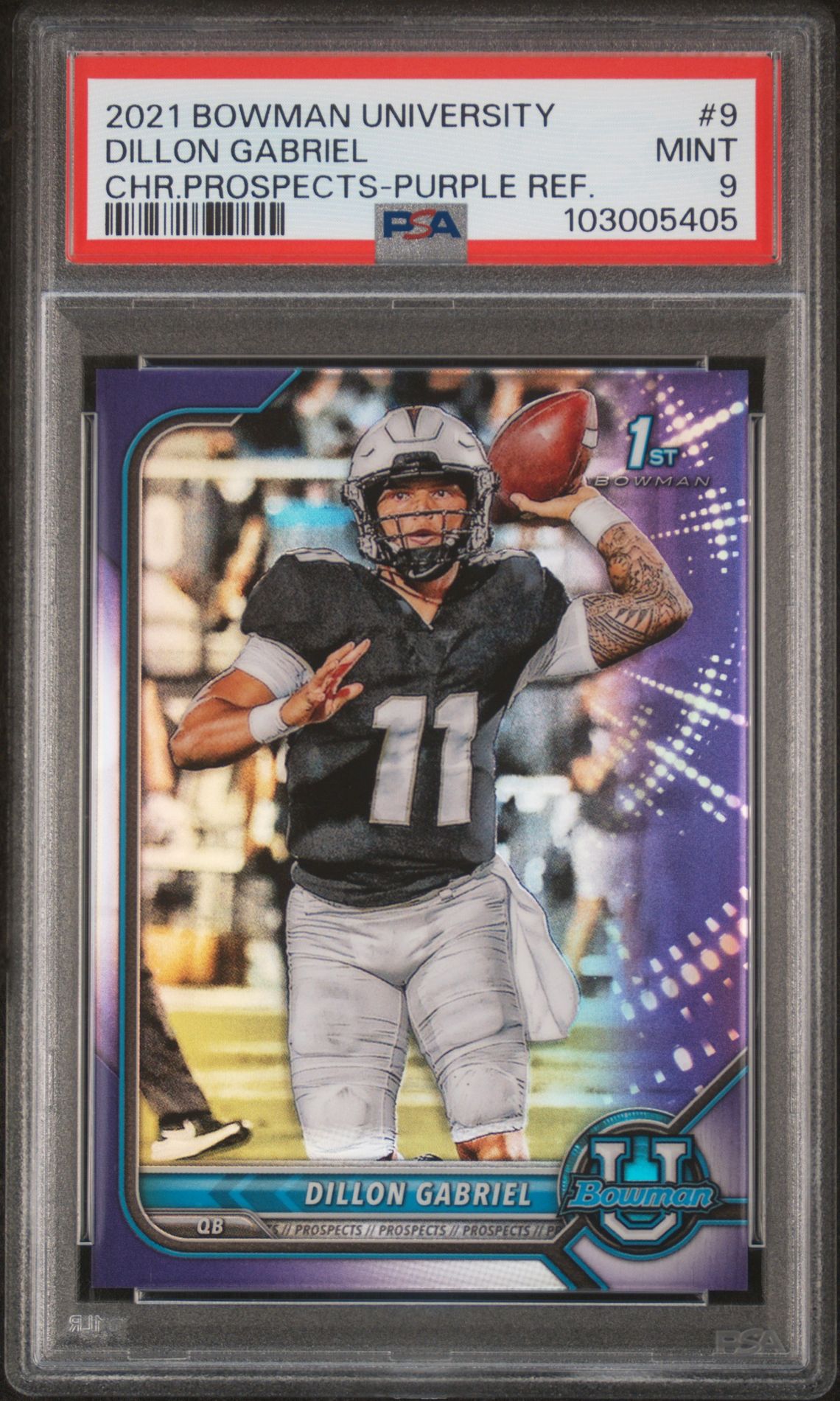 2021 Bowman University Chrome Prospects Dillon Gabriel #9 (Chr.prospects-Purple Ref.) Mint 9 front