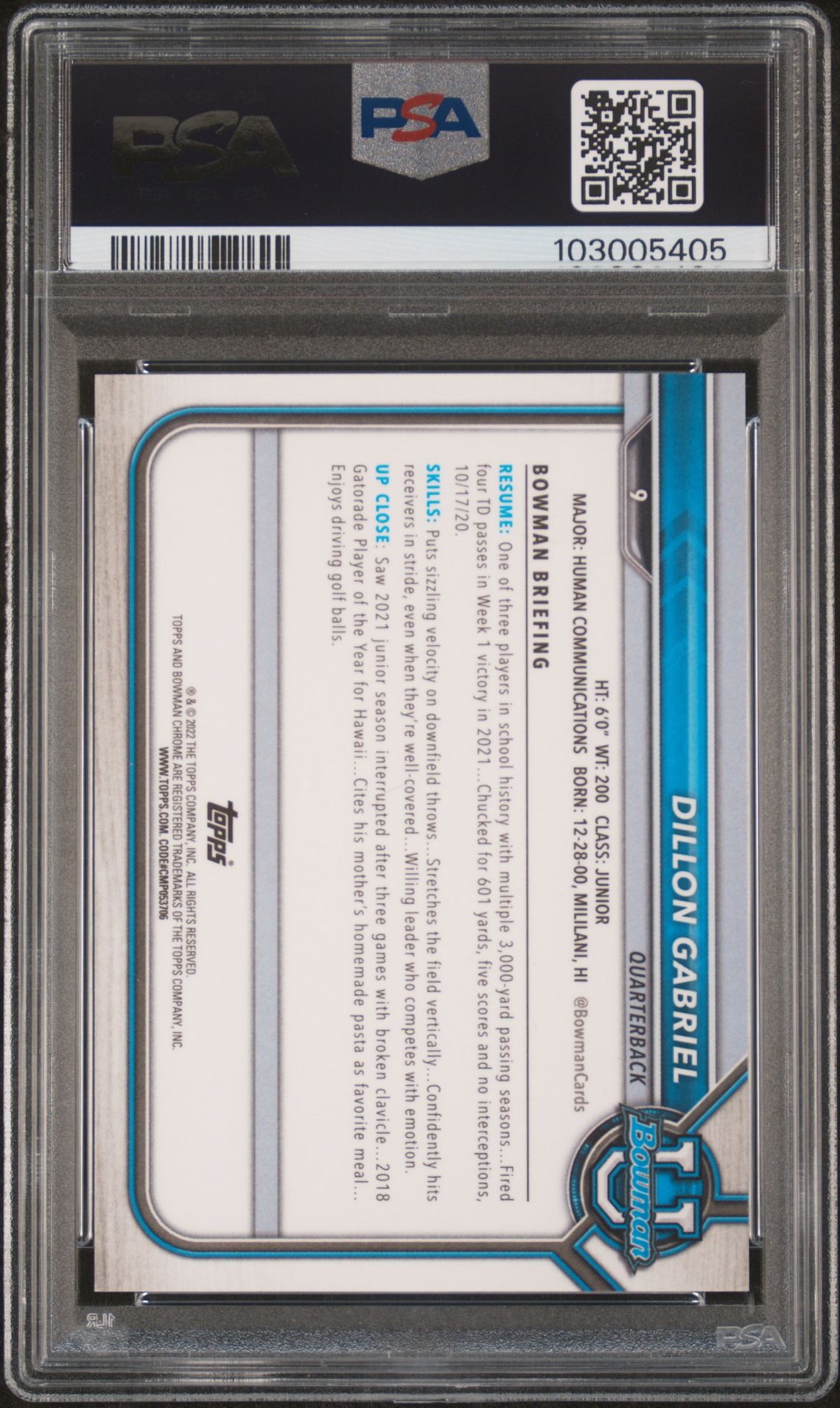 2021 Bowman University Chrome Prospects Dillon Gabriel #9 (Chr.prospects-Purple Ref.) Mint 9 back