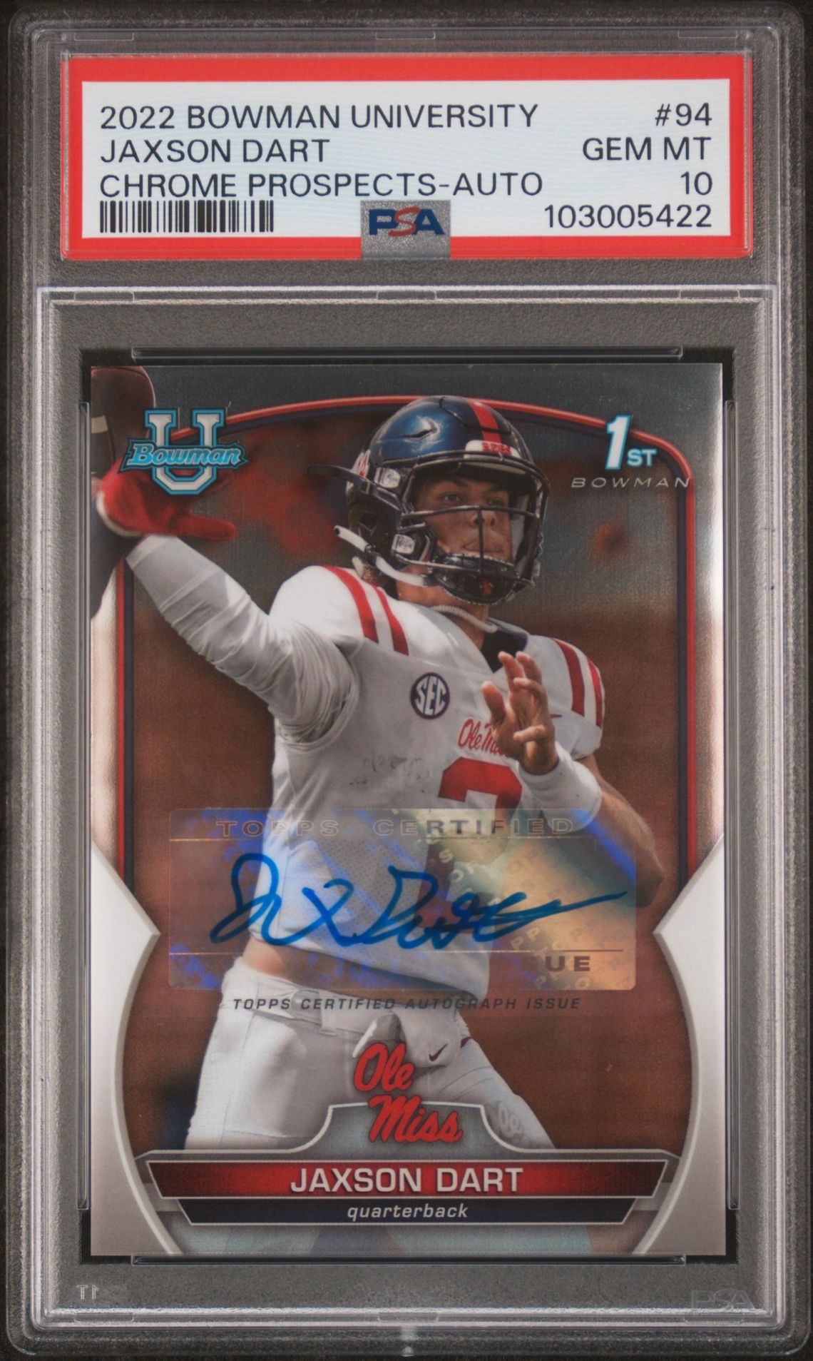 2022 Bowman University Chrome Prospects Jaxson Dart #94 (Chrome Prospects-Auto) Gem Mt 10 front