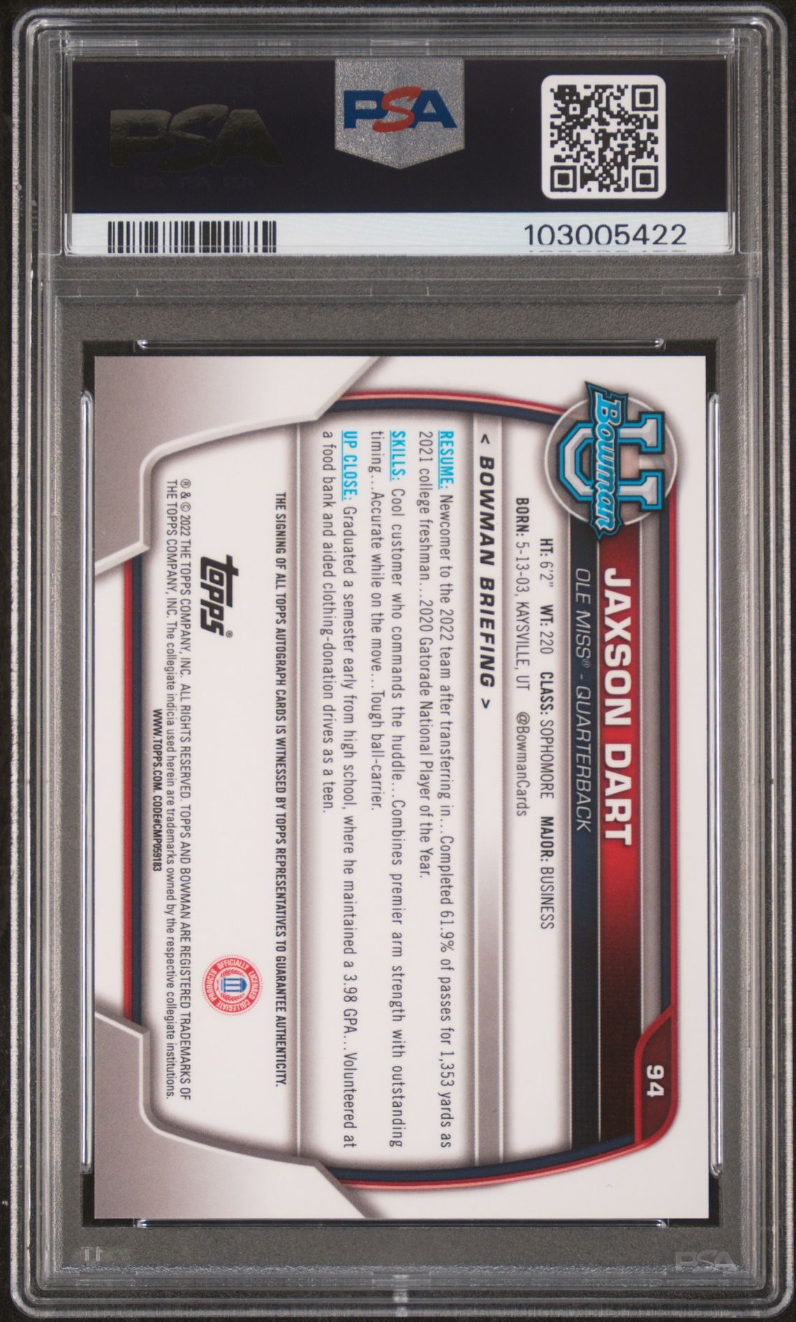 2022 Bowman University Chrome Prospects Jaxson Dart #94 (Chrome Prospects-Auto) Gem Mt 10 back