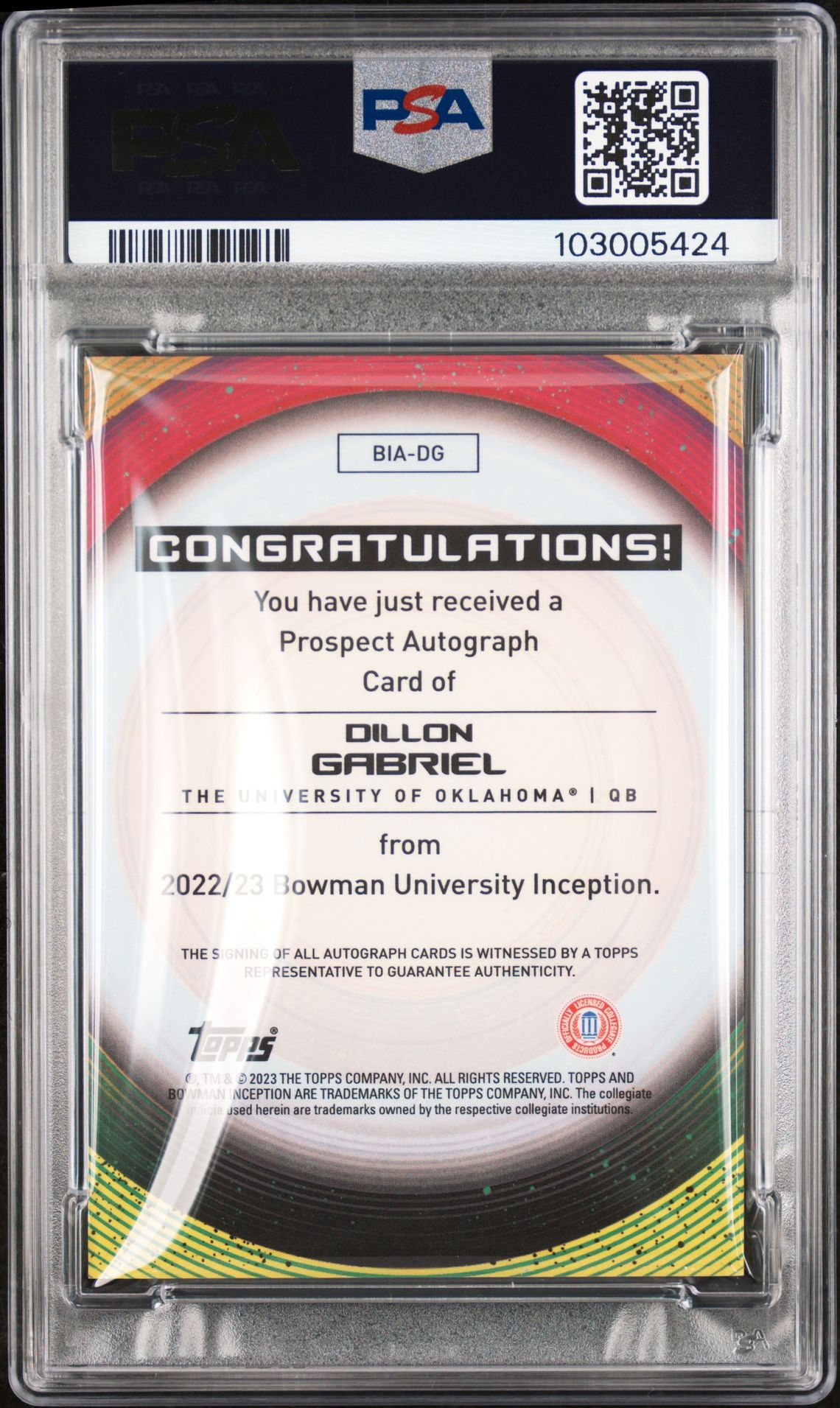 2022 Bowman University Inception Autographs Dillon Gabriel #Dg (Autograph) Gem Mt 10 back