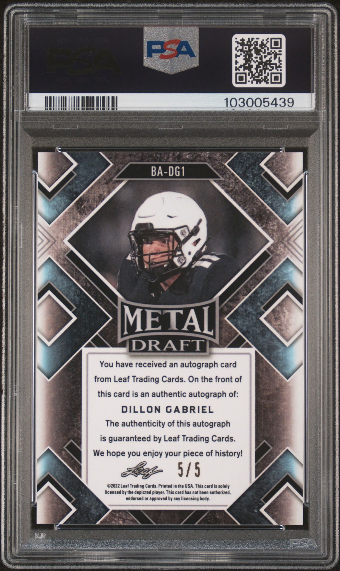 2022 Leaf Metal Draft Autographs Dillon Gabriel #Badg1 (Auto-Green Crystal) Gem Mt 10 back