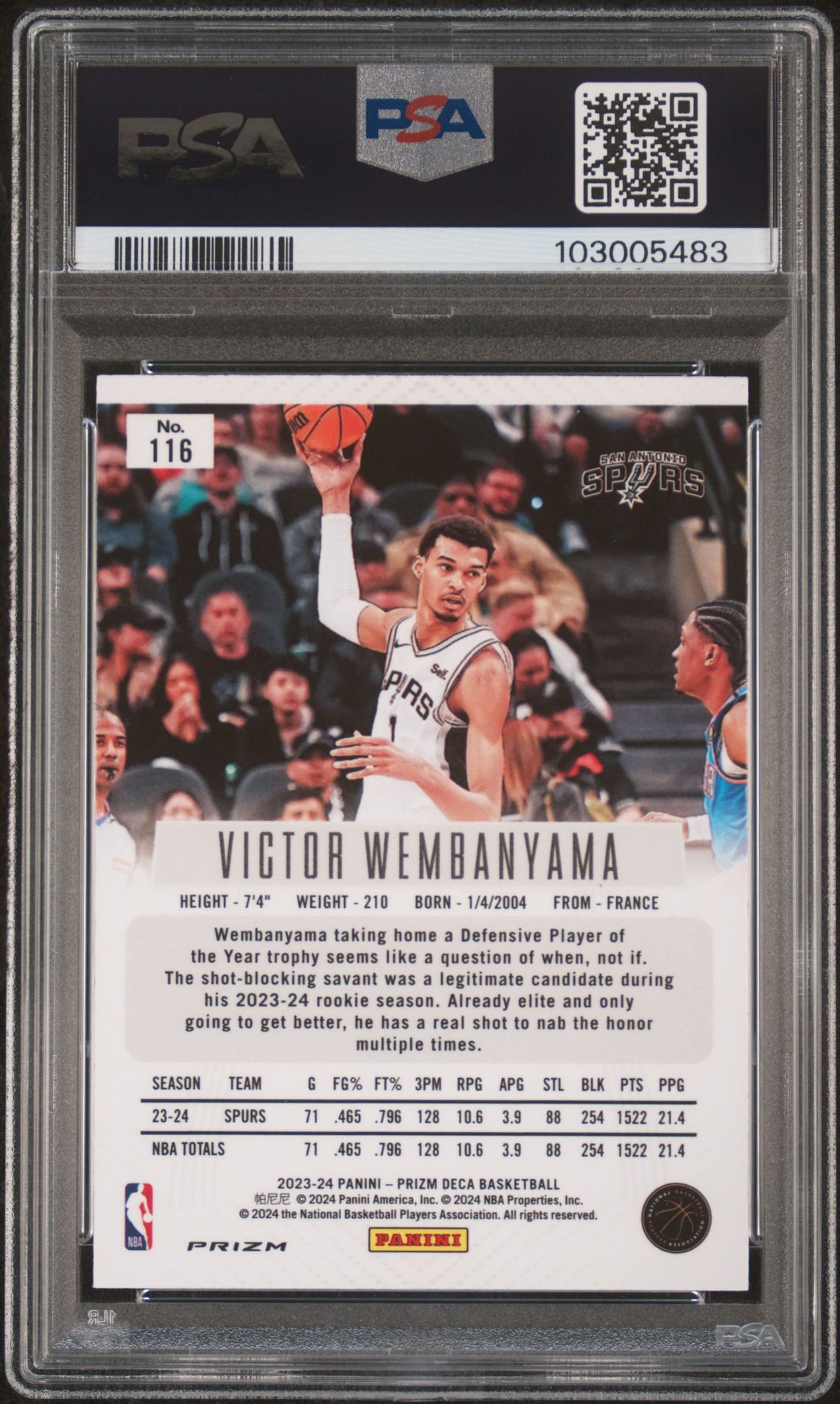 2023 Panini Prizm Deca Victor Wembanyama #116 (Silver Prizm) Gem Mt 10 back