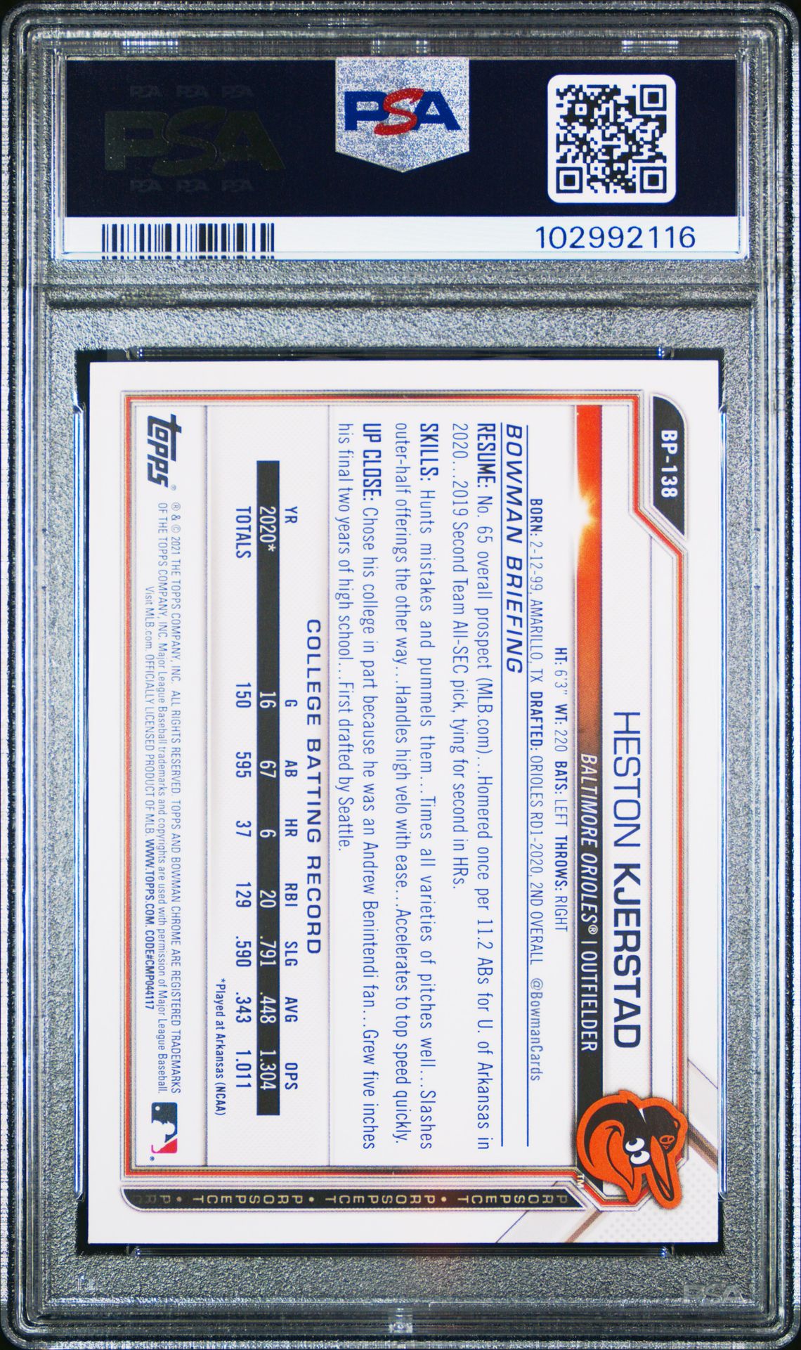 2021 Bowman Paper Prospects Heston Kjerstad #Bp138 (Paper Prospects) Gem Mt 10 back