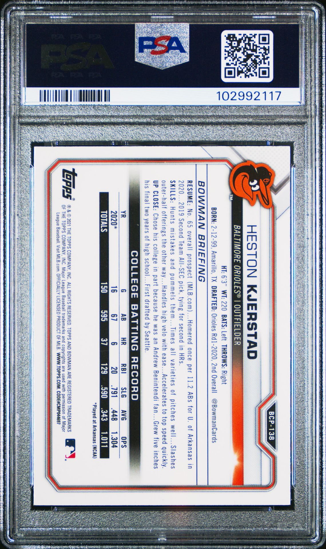 2021 Bowman Mega Box Chrome Heston Kjerstad #Bcp138 (Chrome) Gem Mt 10 back view - PSA certificate #102992117