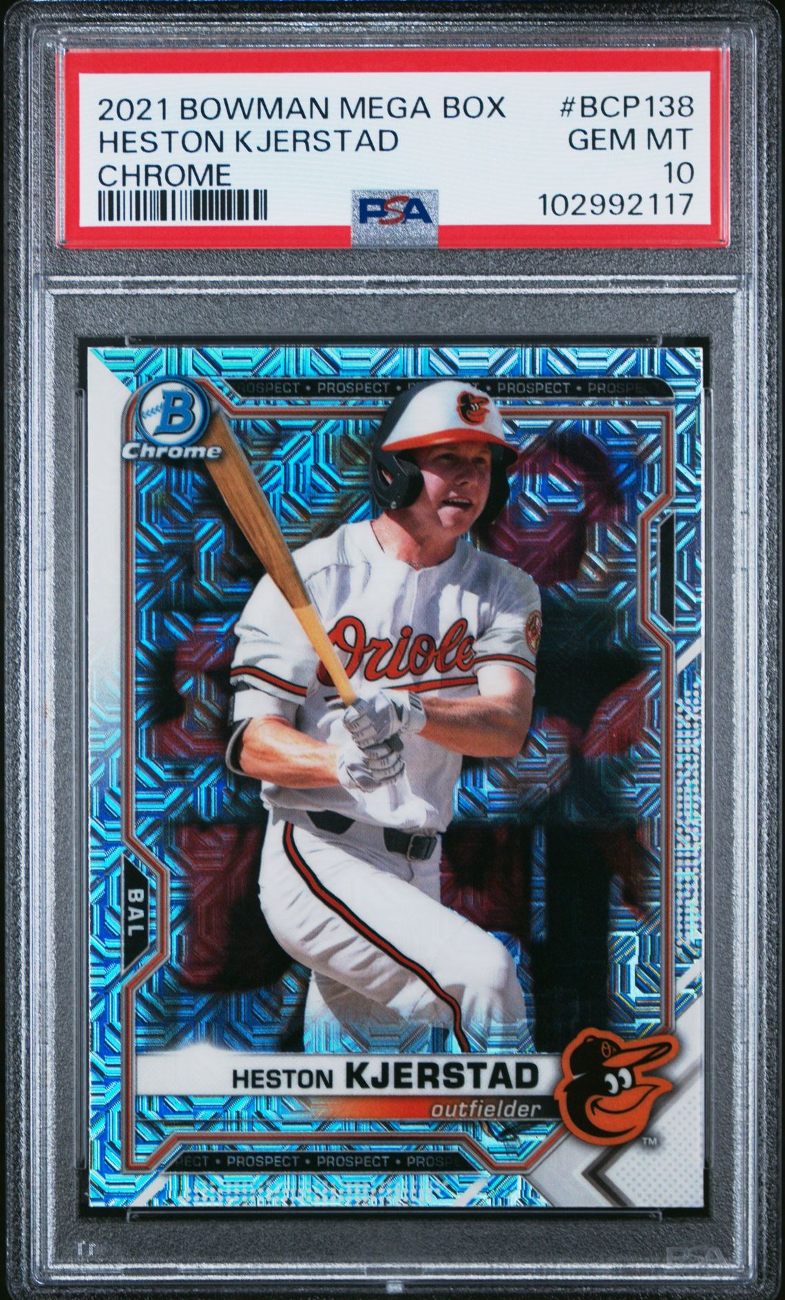 2021 Bowman Mega Box Chrome Heston Kjerstad #Bcp138 (Chrome) Gem Mt 10 front view - PSA graded GEM MT 10