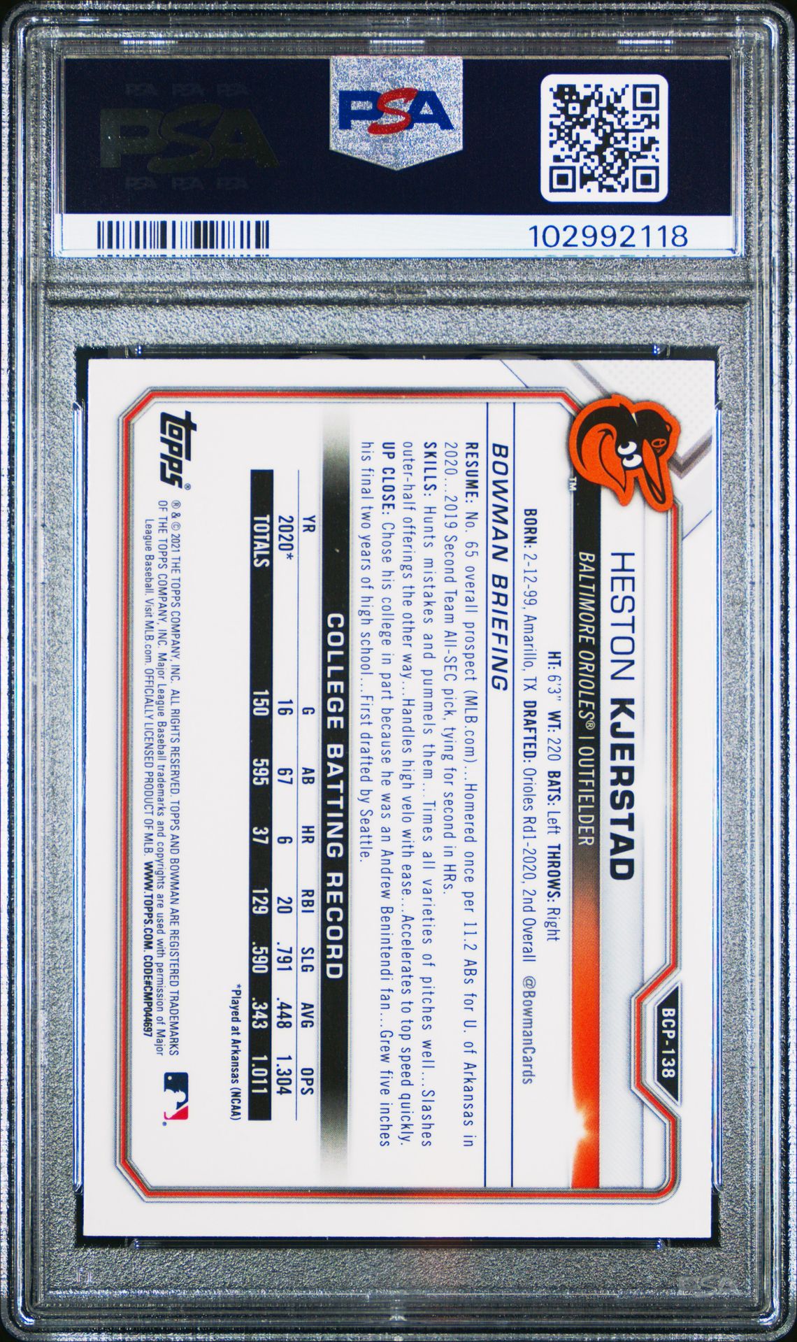 2021 Bowman Mega Box Chrome Heston Kjerstad #Bcp138 (Chrome) Gem Mt 10 back view - PSA certificate #102992118