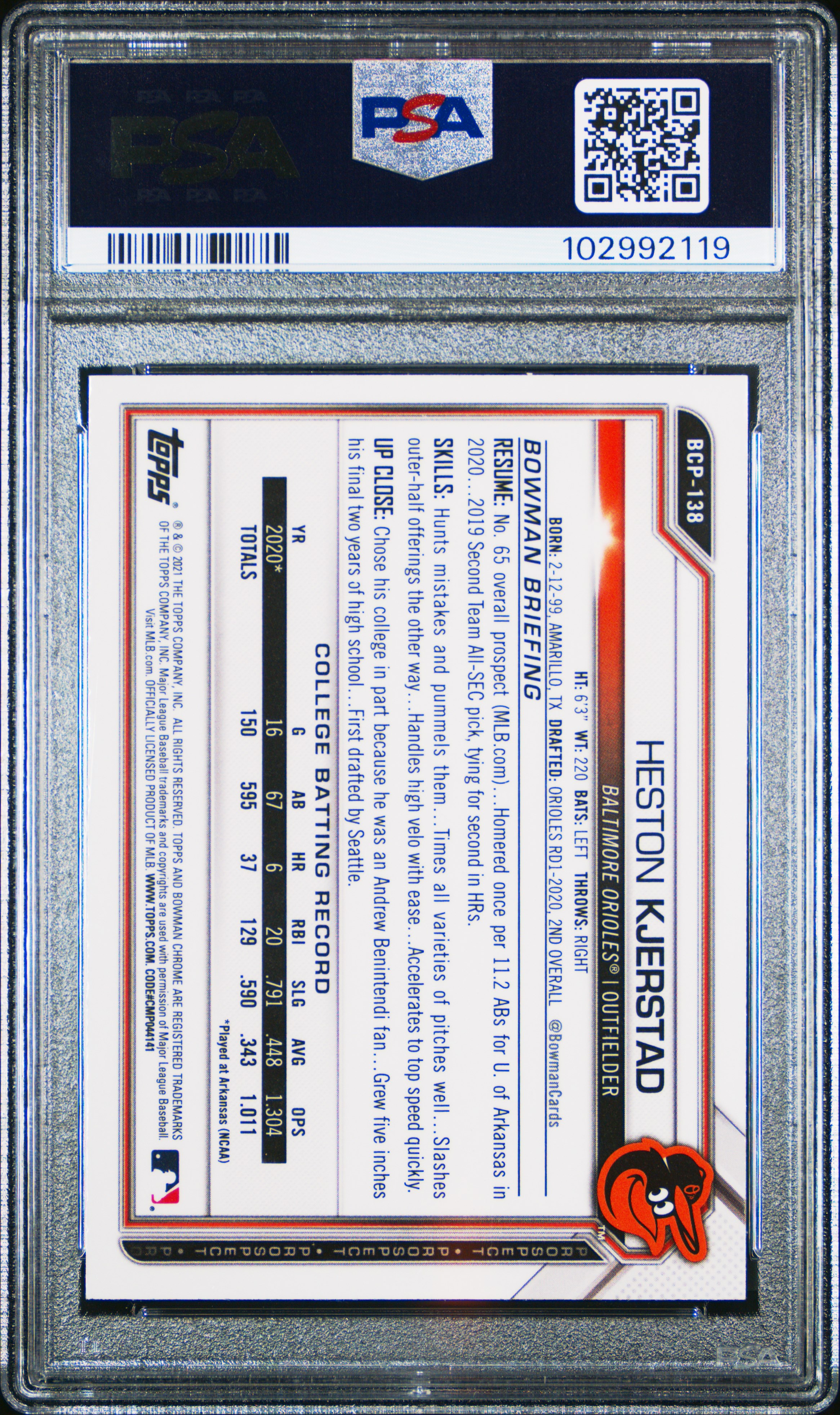 2021 Bowman Chrome Prospects Heston Kjerstad #Bcp138 (Chrome Prospects) Mint 9 back