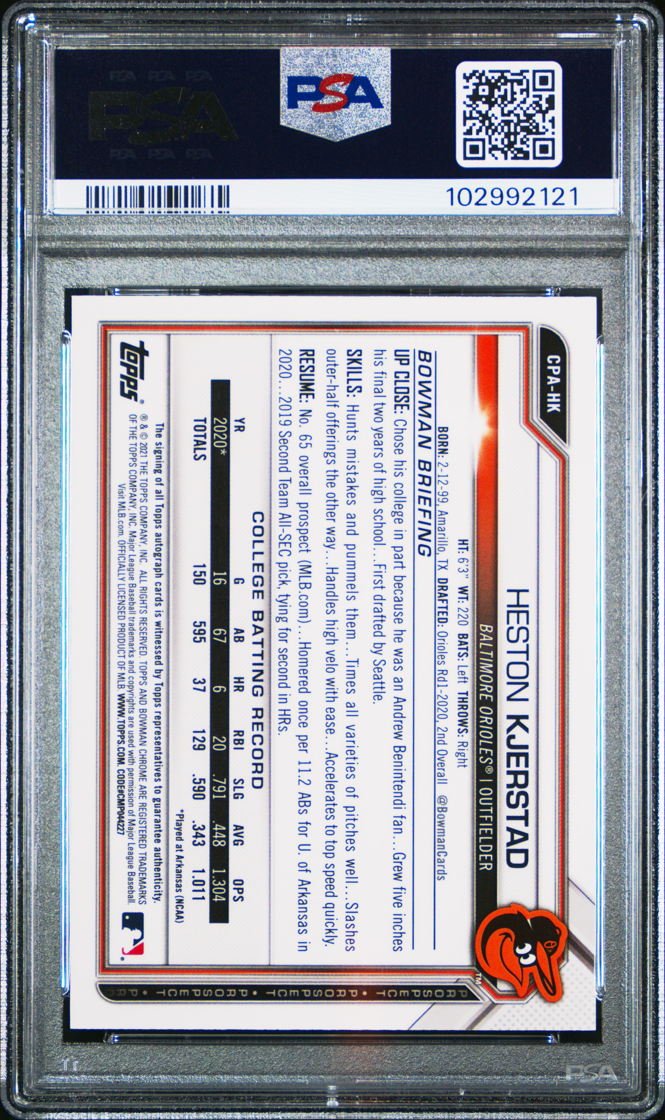 2021 Bowman Chrome Prospect Autographs Heston Kjerstad #Cpahk (Chr.pros.auto-Blue Ref.) Nm-Mt 8 back