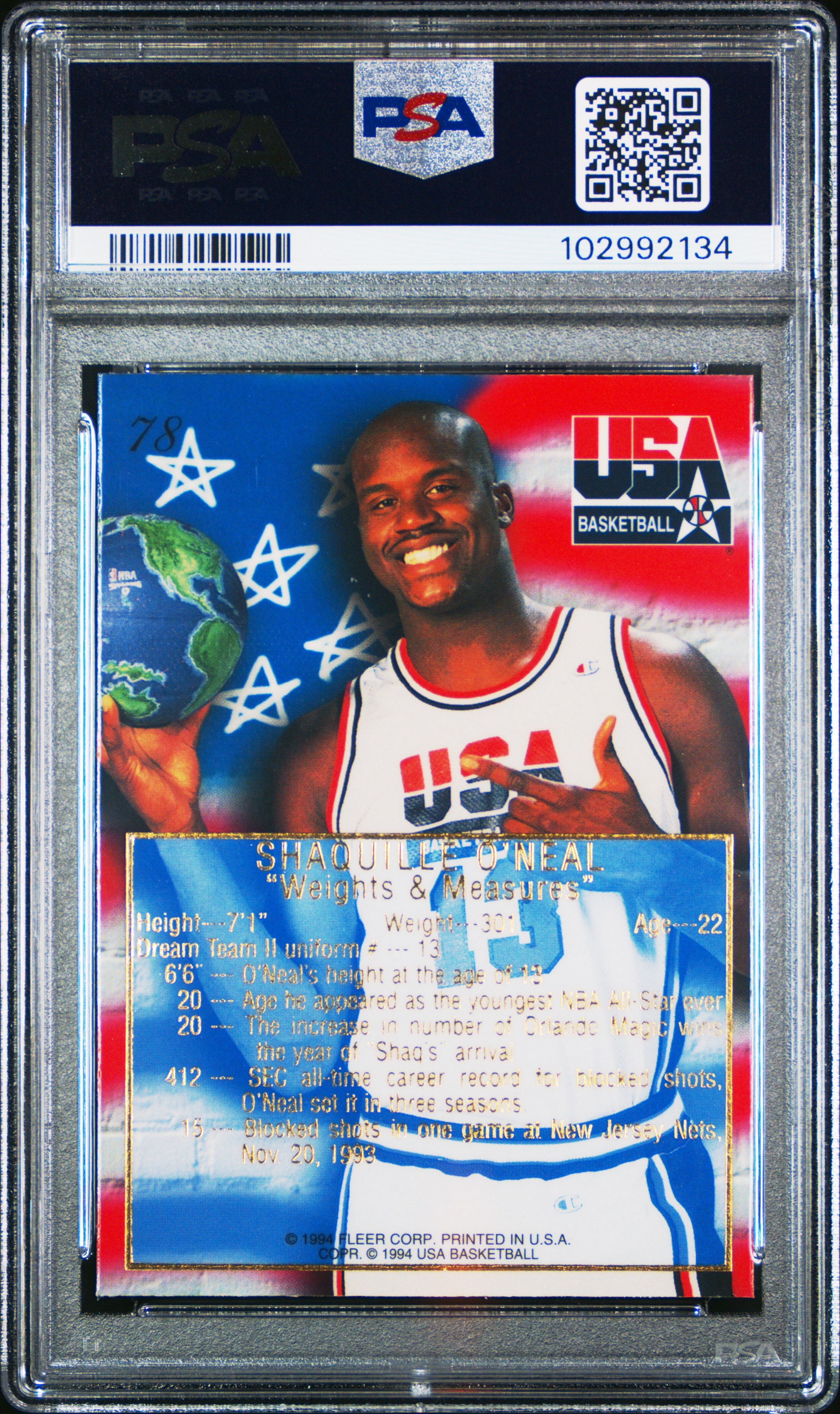 1994 Flair Usa Basketball Shaquille O'neal #78 (Weights & Measures) Mint 9 back