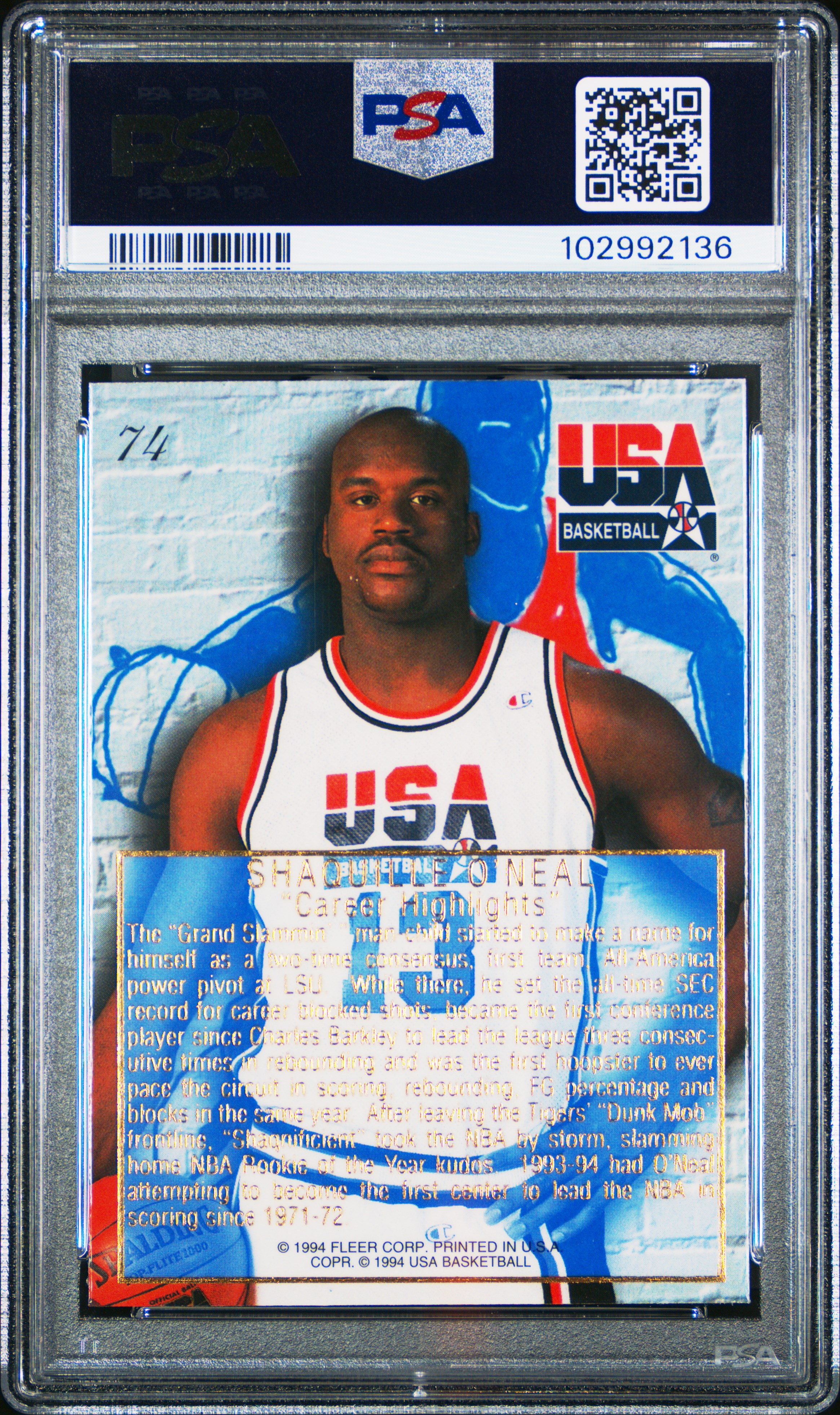 1994 Flair Usa Basketball Shaquille O'neal #74 (Career Highlights) Nm 7 back