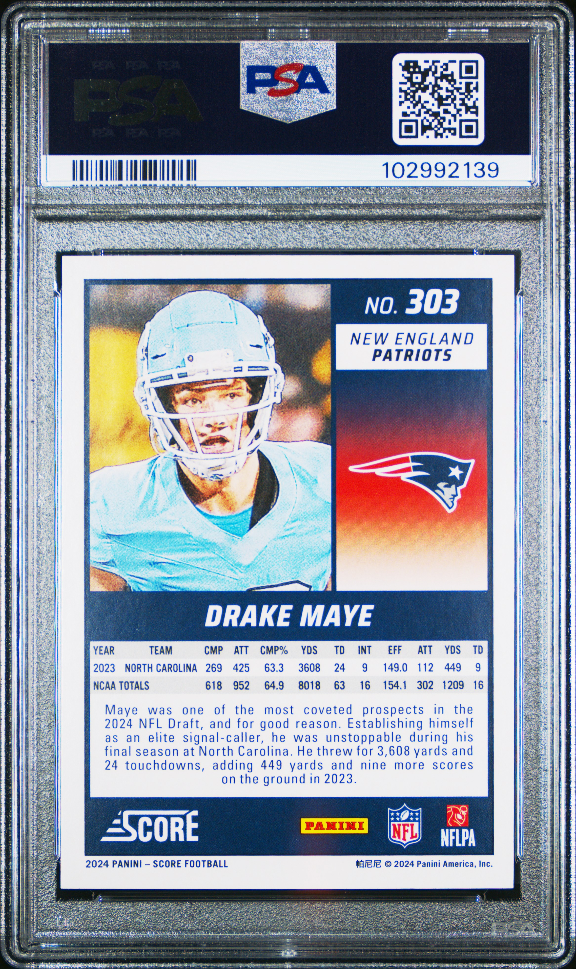 2024 Panini Score Drake Maye #303 Gem Mt 10 back