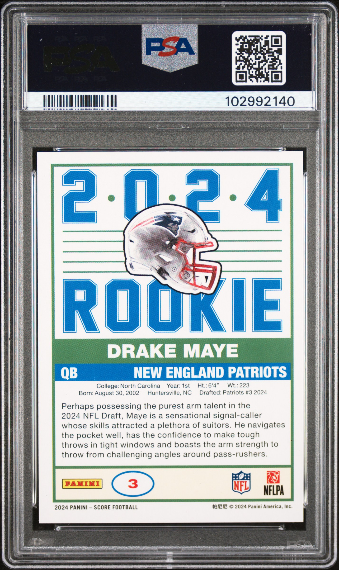 2024 Panini Score 35Th Anniversary Rookie Drake Maye #3 Mint 9 back