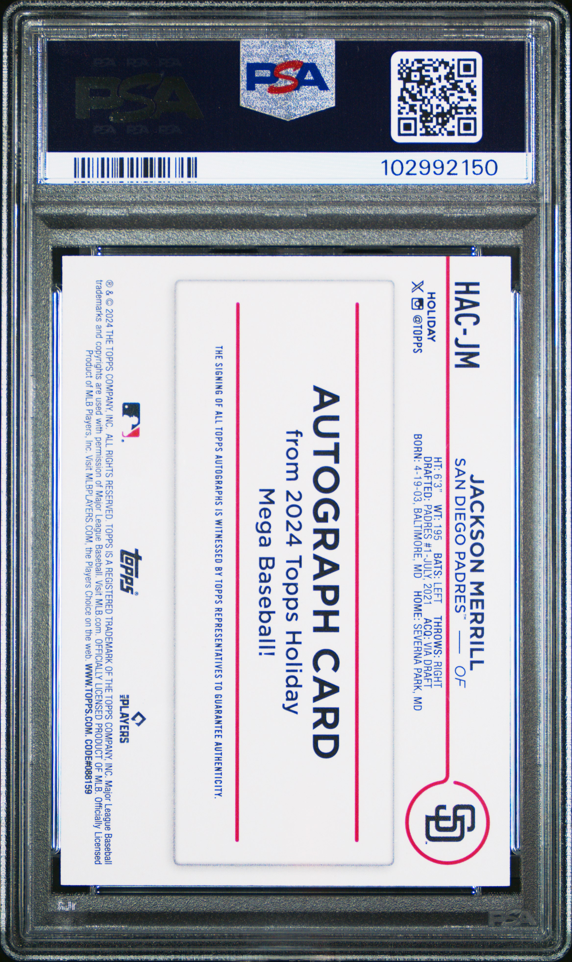 2024 Topps Holiday Autographs Jackson Merrill #Hacjm Mint 9 back