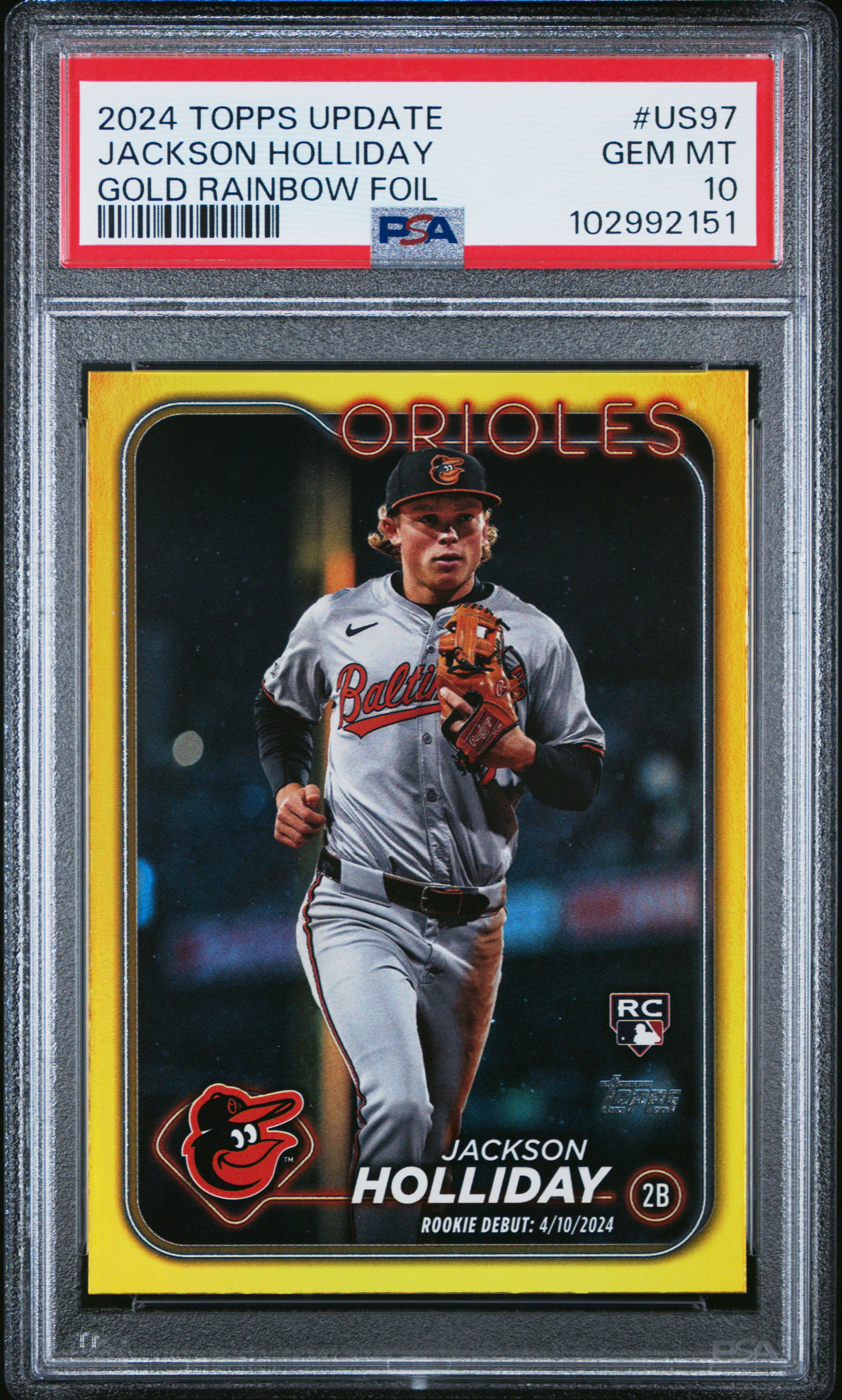 2024 Topps Update Jackson Holliday #Us97 (Gold Rainbow Foil) Gem Mt 10 front