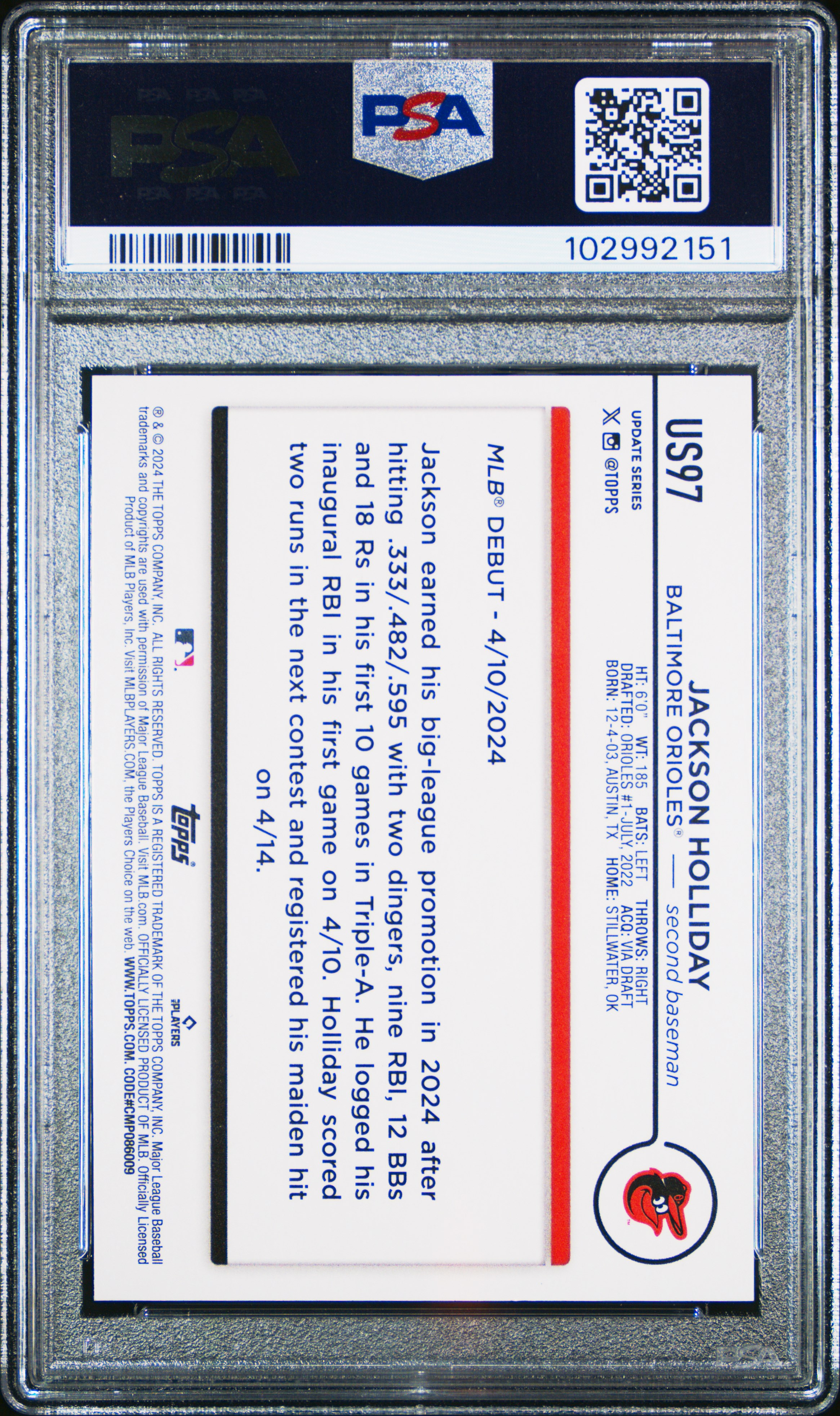 2024 Topps Update Jackson Holliday #Us97 (Gold Rainbow Foil) Gem Mt 10 back