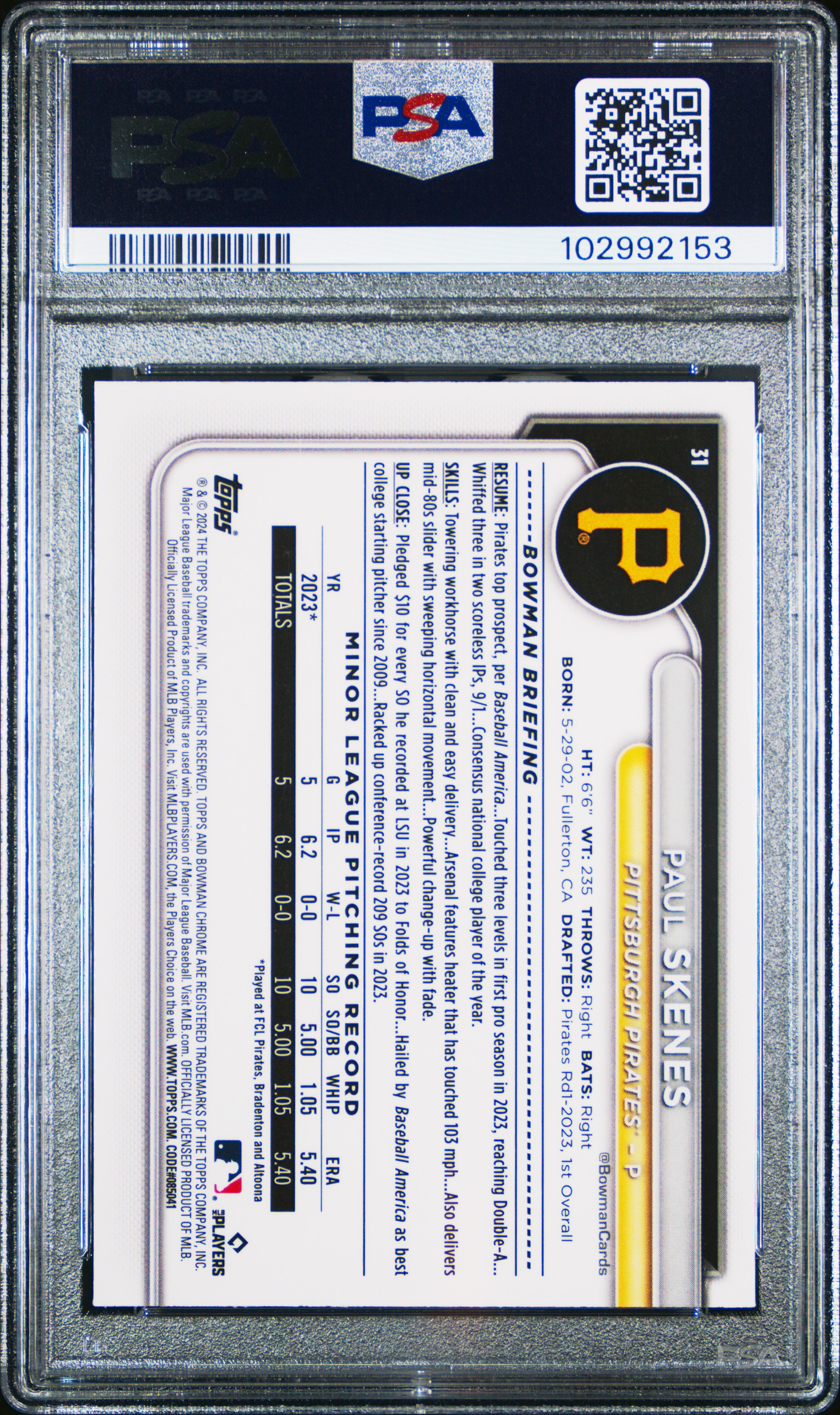 2024 Bowman Chrome Paul Skenes #31 (Fuchsia Refractor) Mint 9 back