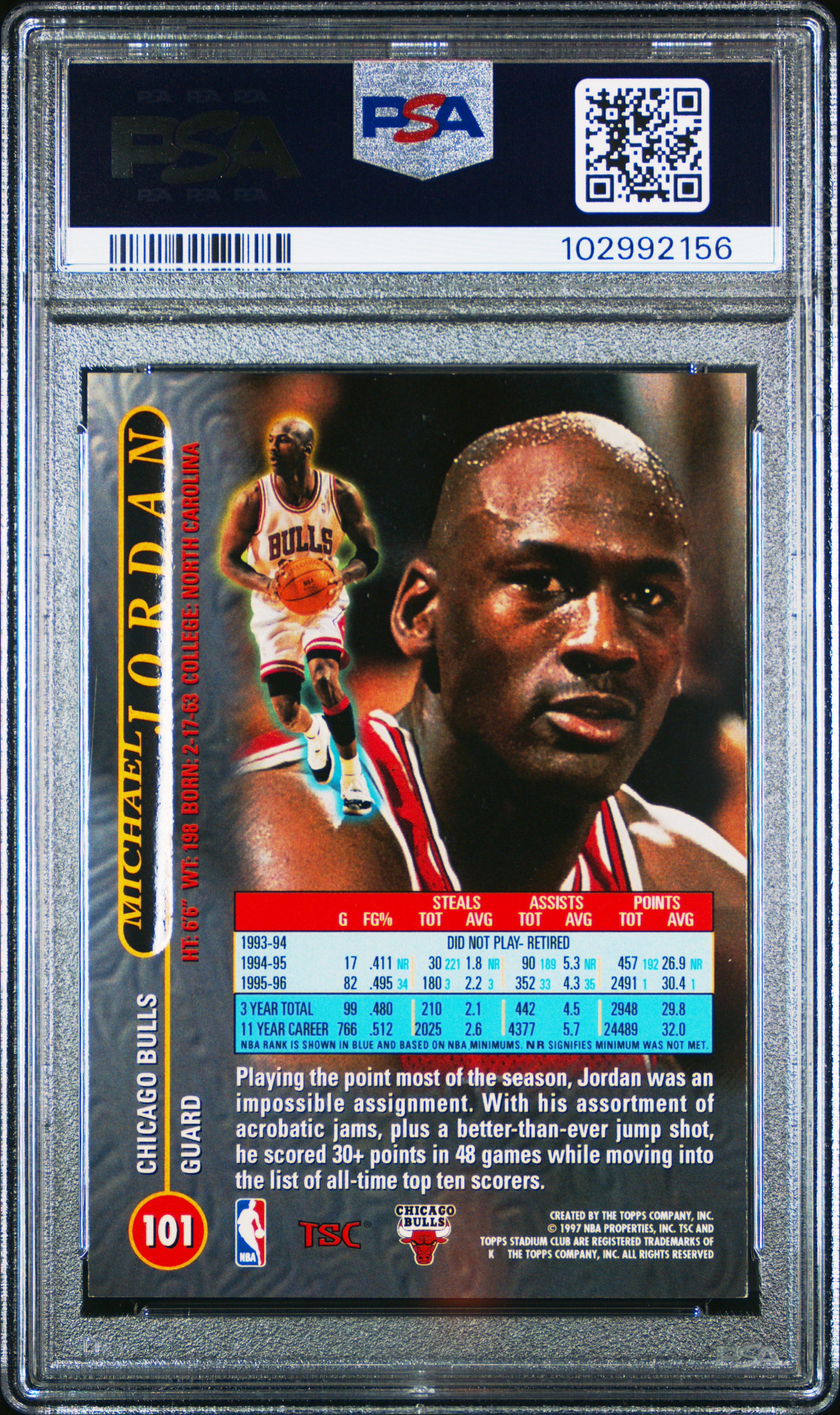 1996 Stadium Club Michael Jordan #101 Ex 5 back