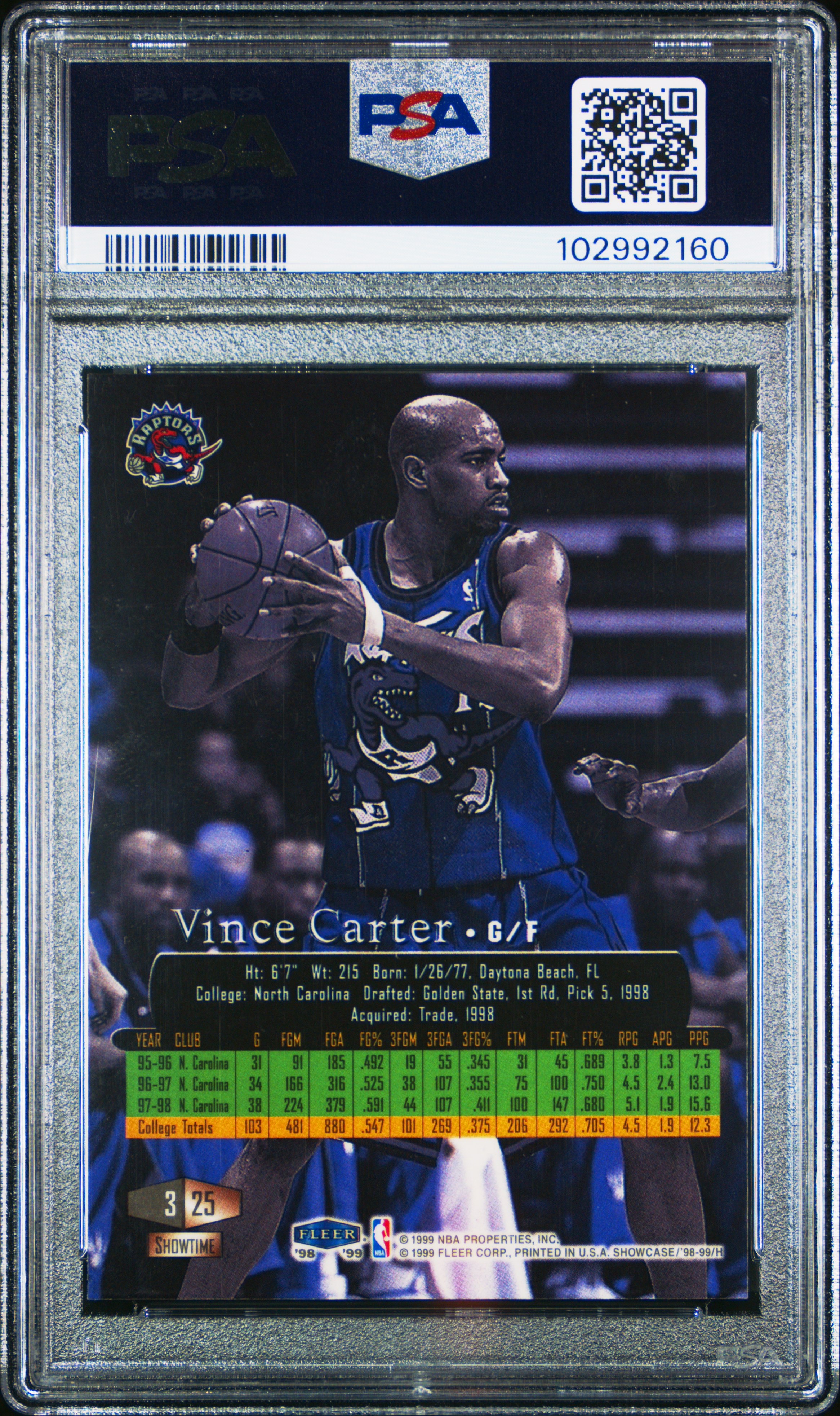 1998 Flair Showcase Vince Carter #25 (Row 3) Nm 7 back