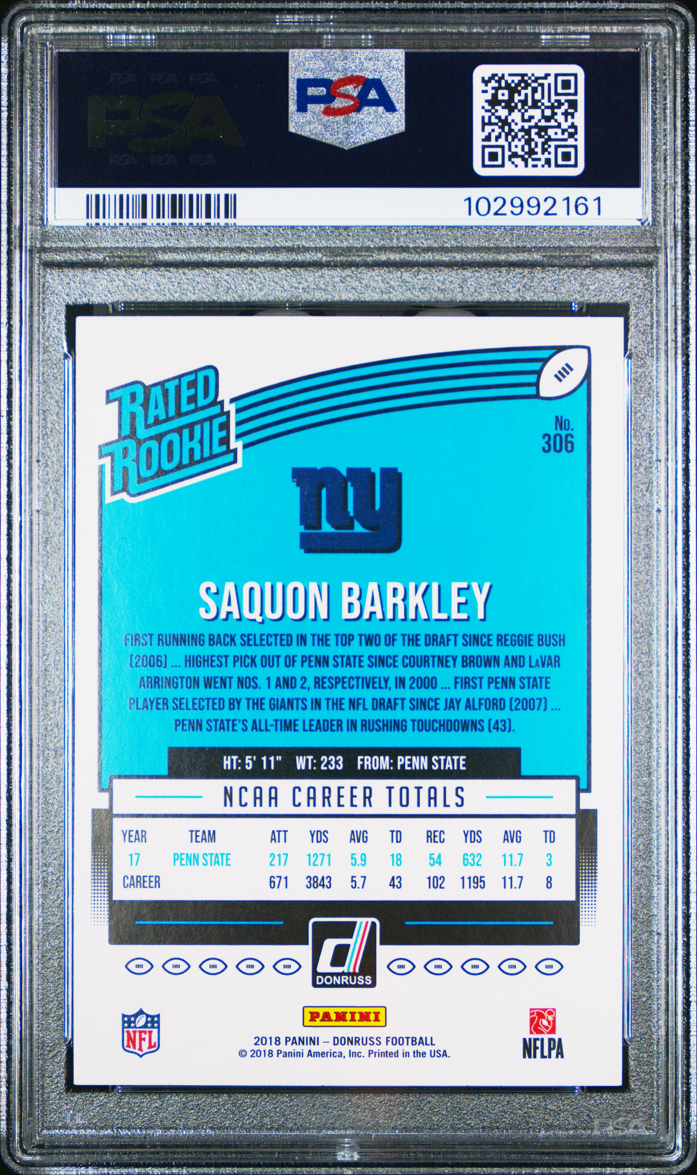 2018 Panini Donruss Saquon Barkley #306 Mint 9 back
