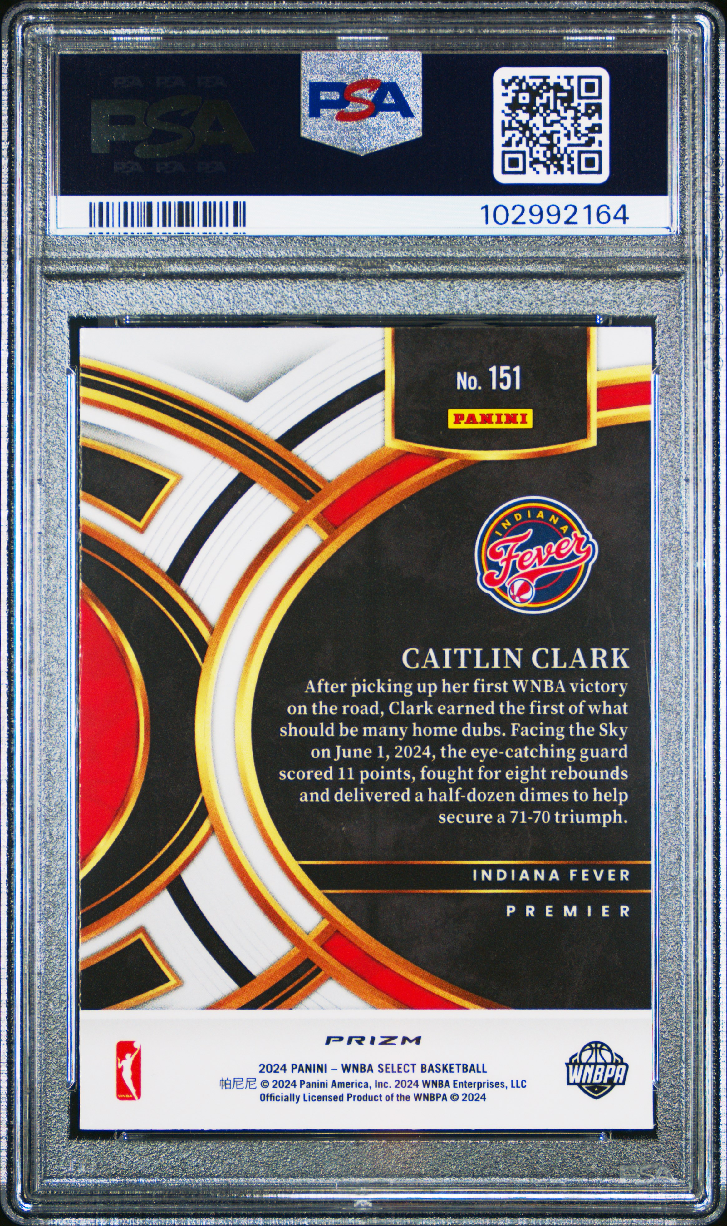 2024 Panini Select Wnba Caitlin Clark #151 (Red Ice) Gem Mt 10 back