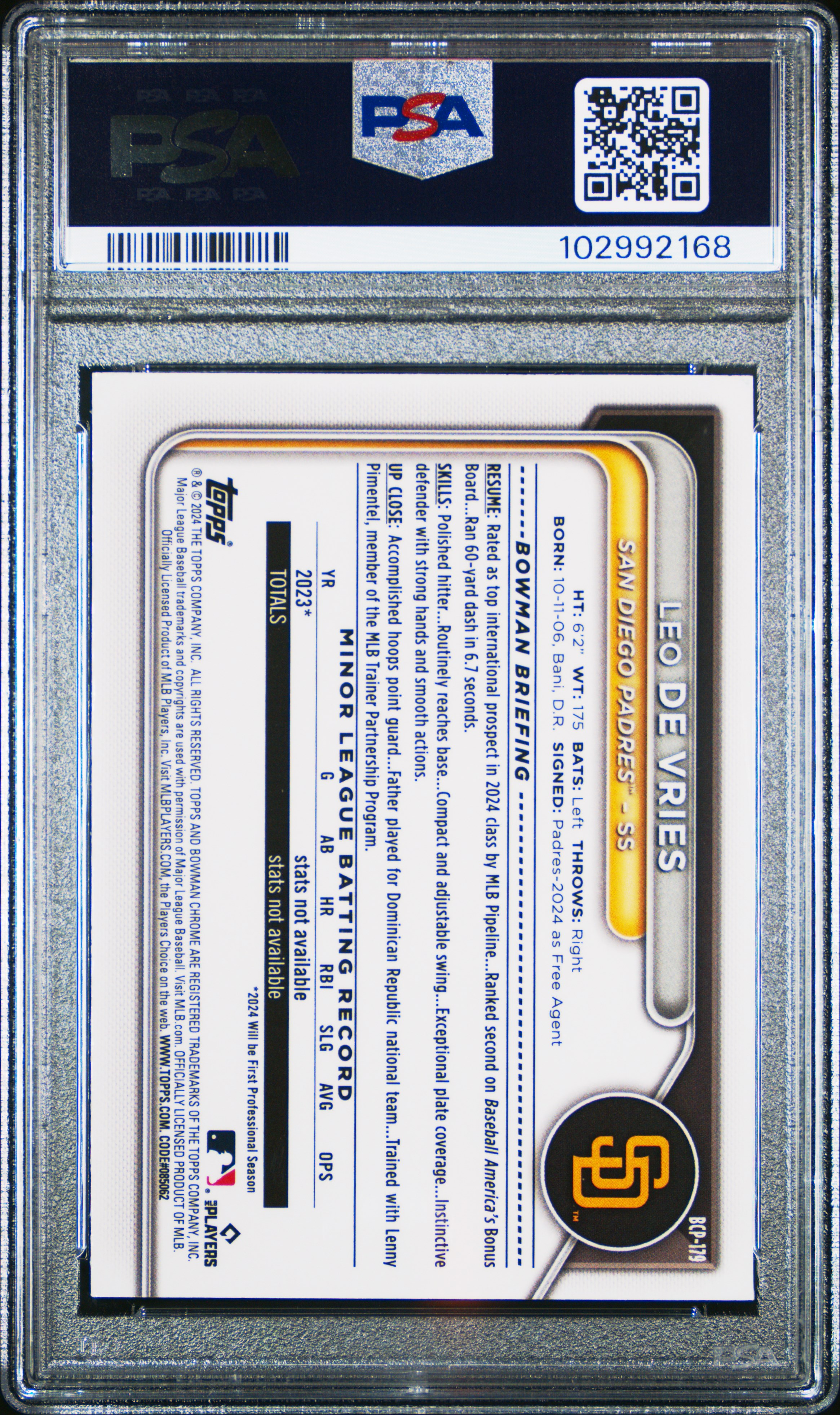 2024 Bowman Chrome Prospects Leo De Vries #Bcp179 (Prospects-Speckle Ref) Gem Mt 10 back