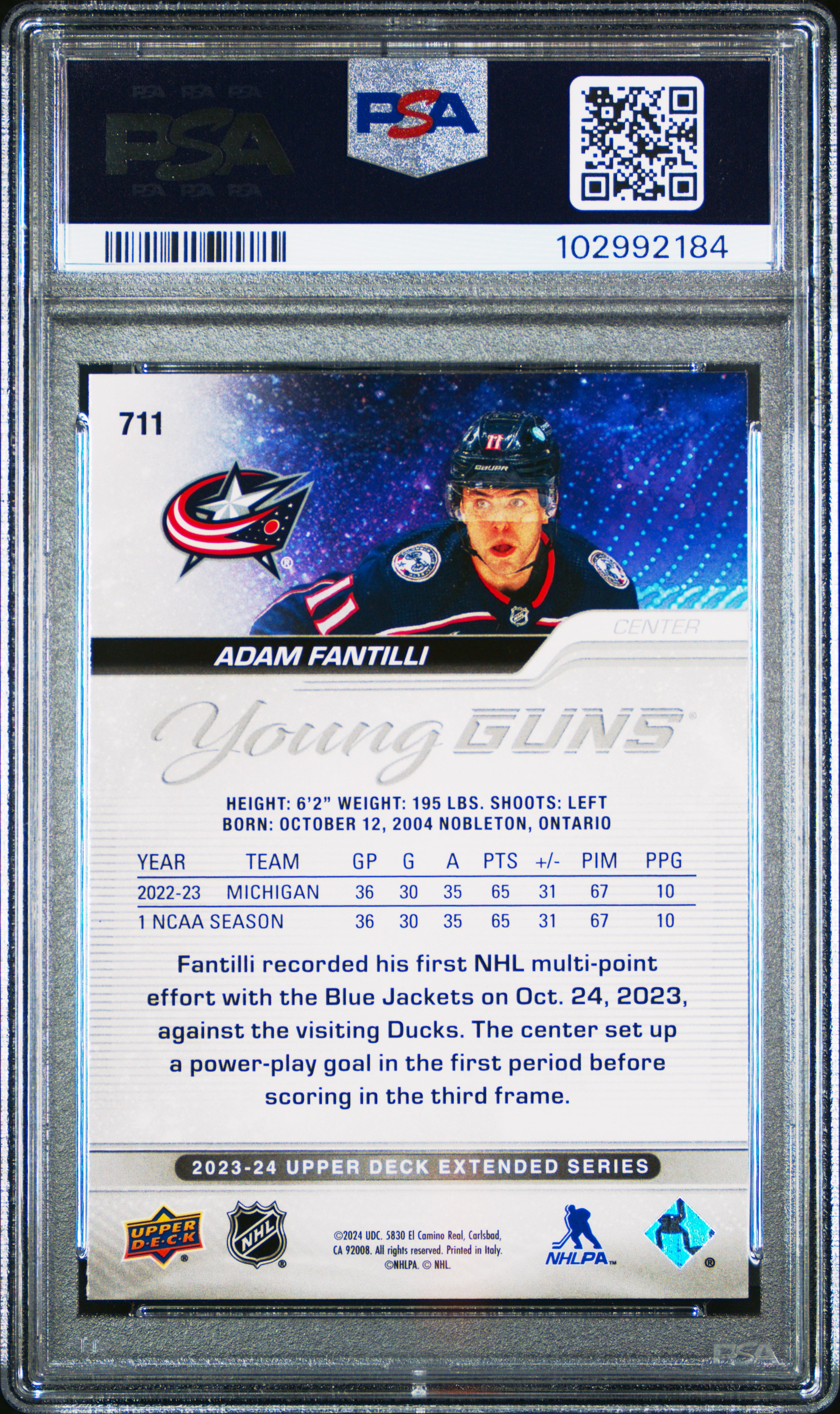 2023 Upper Deck Adam Fantilli #711 Mint 9 back
