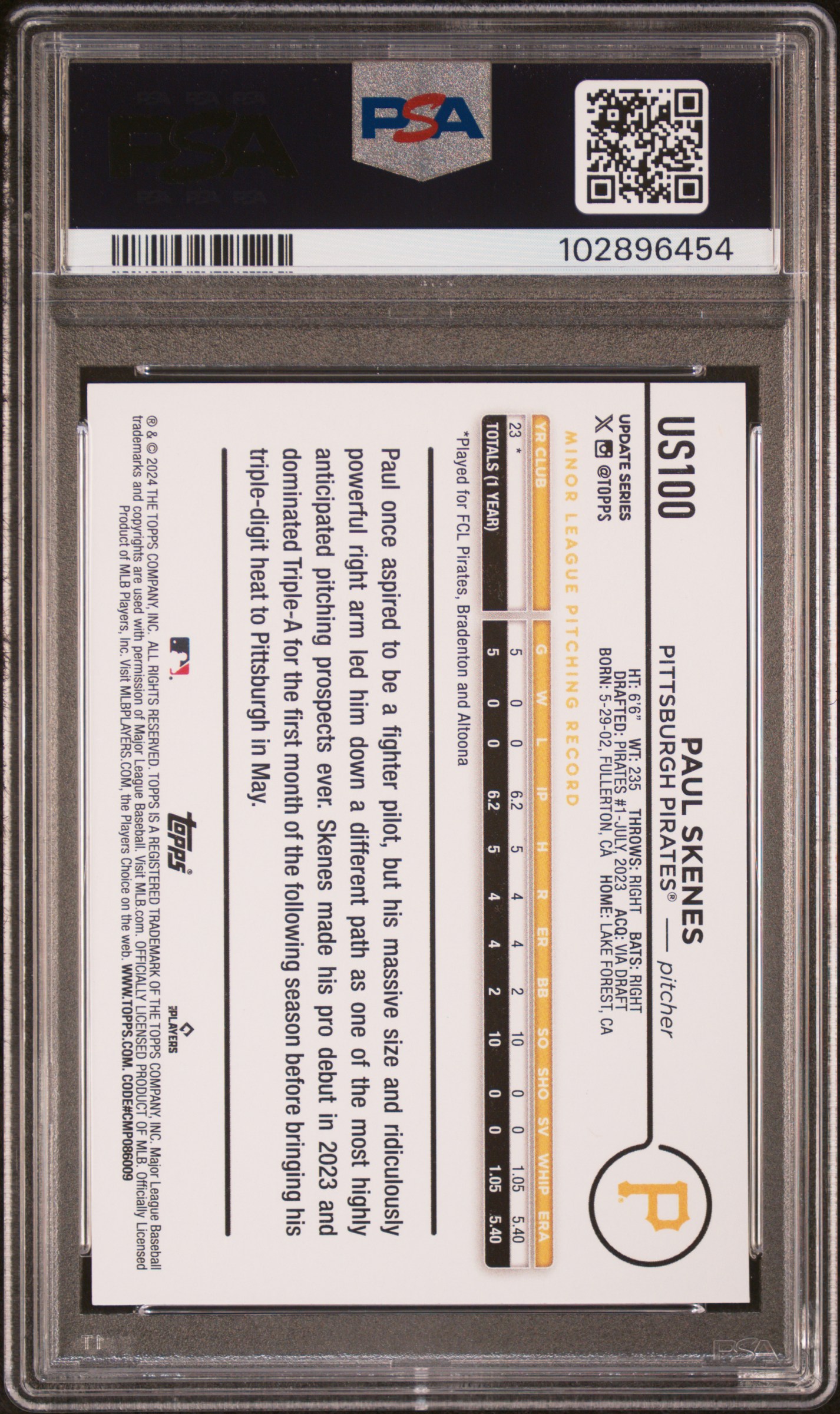 2024 Topps Update Paul Skenes #Us100 Gem Mt 10 back