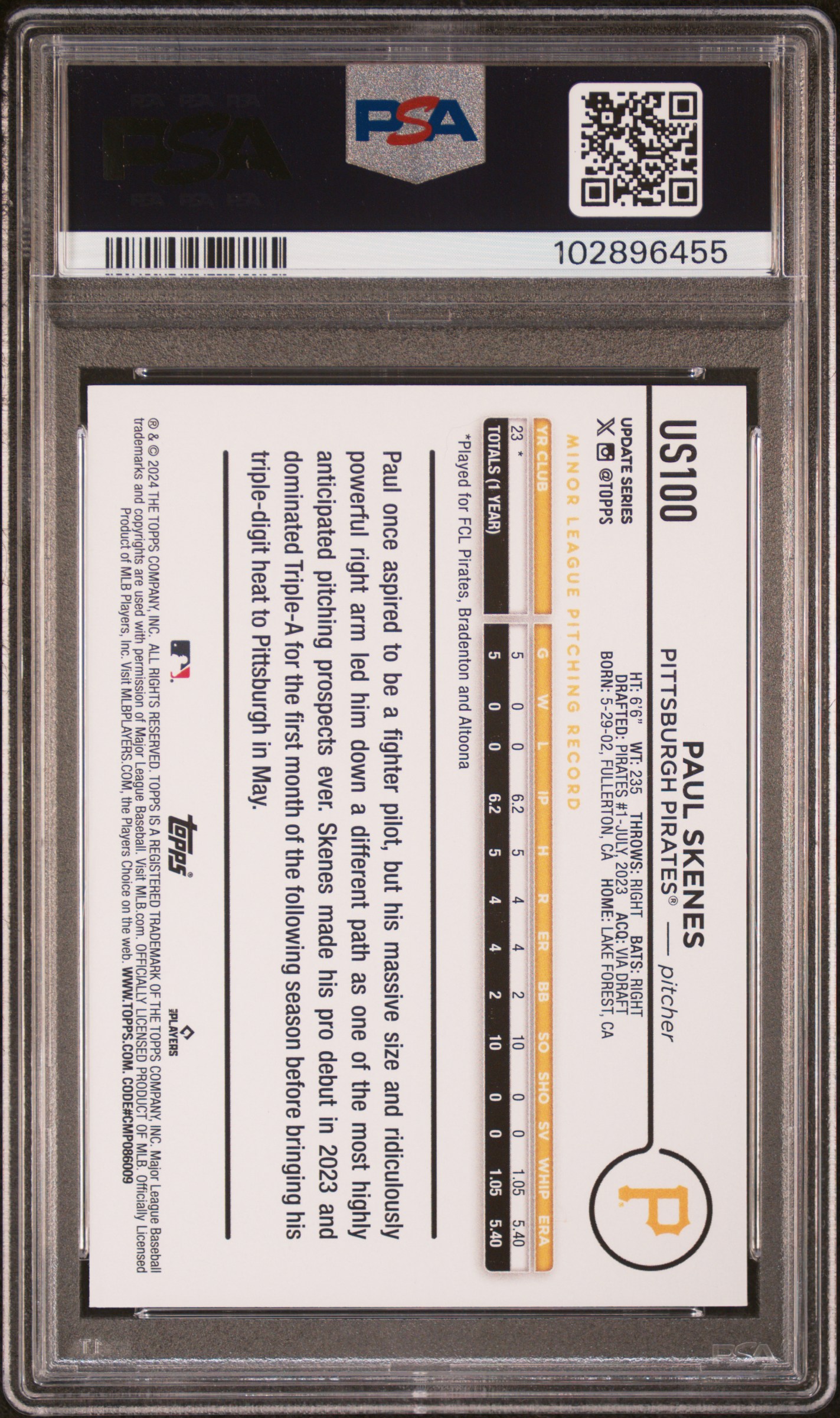 2024 Topps Update Paul Skenes #Us100 Mint 9 back