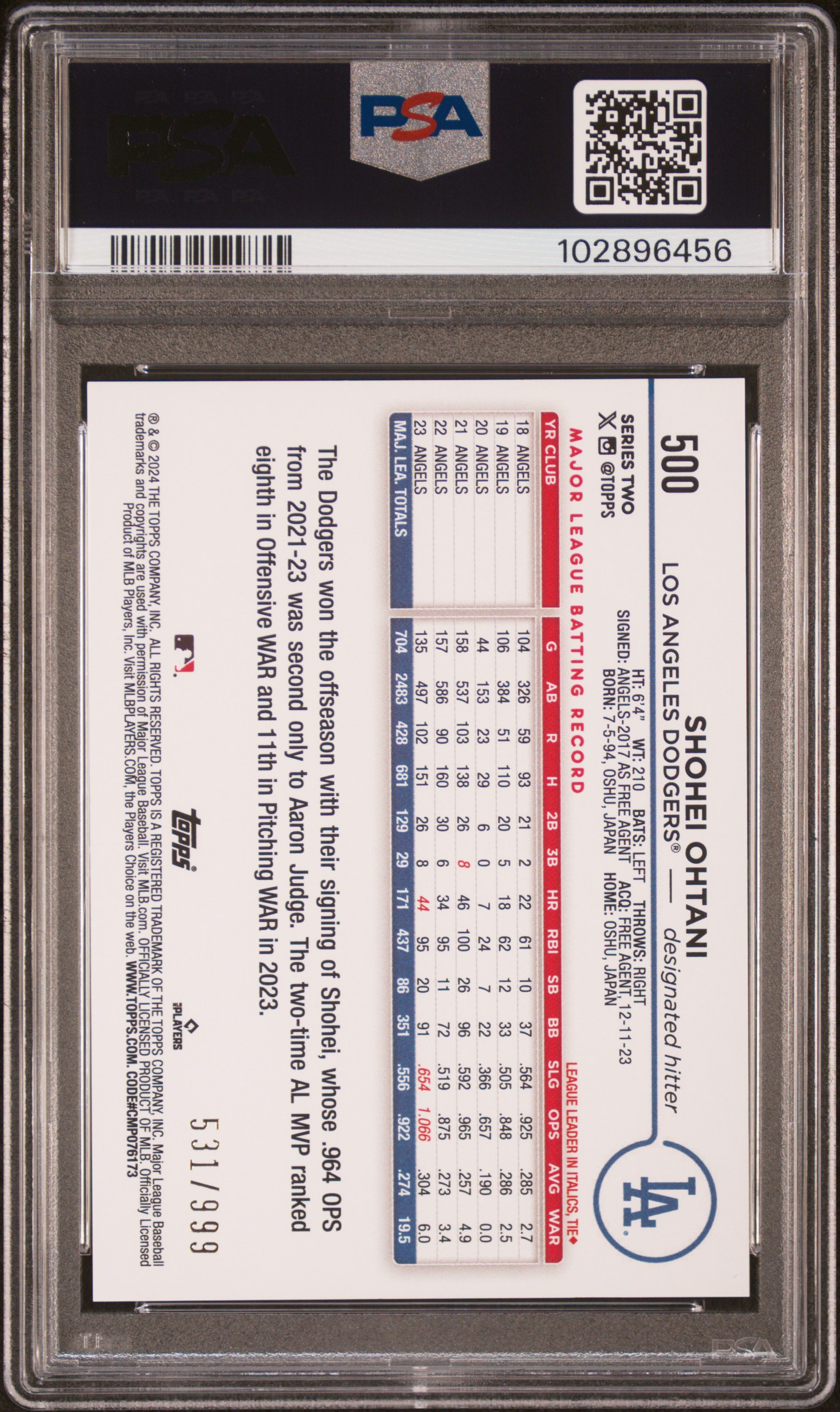 2024 Topps Shohei Ohtani #500 (Blue Foil) Gem Mt 10 back