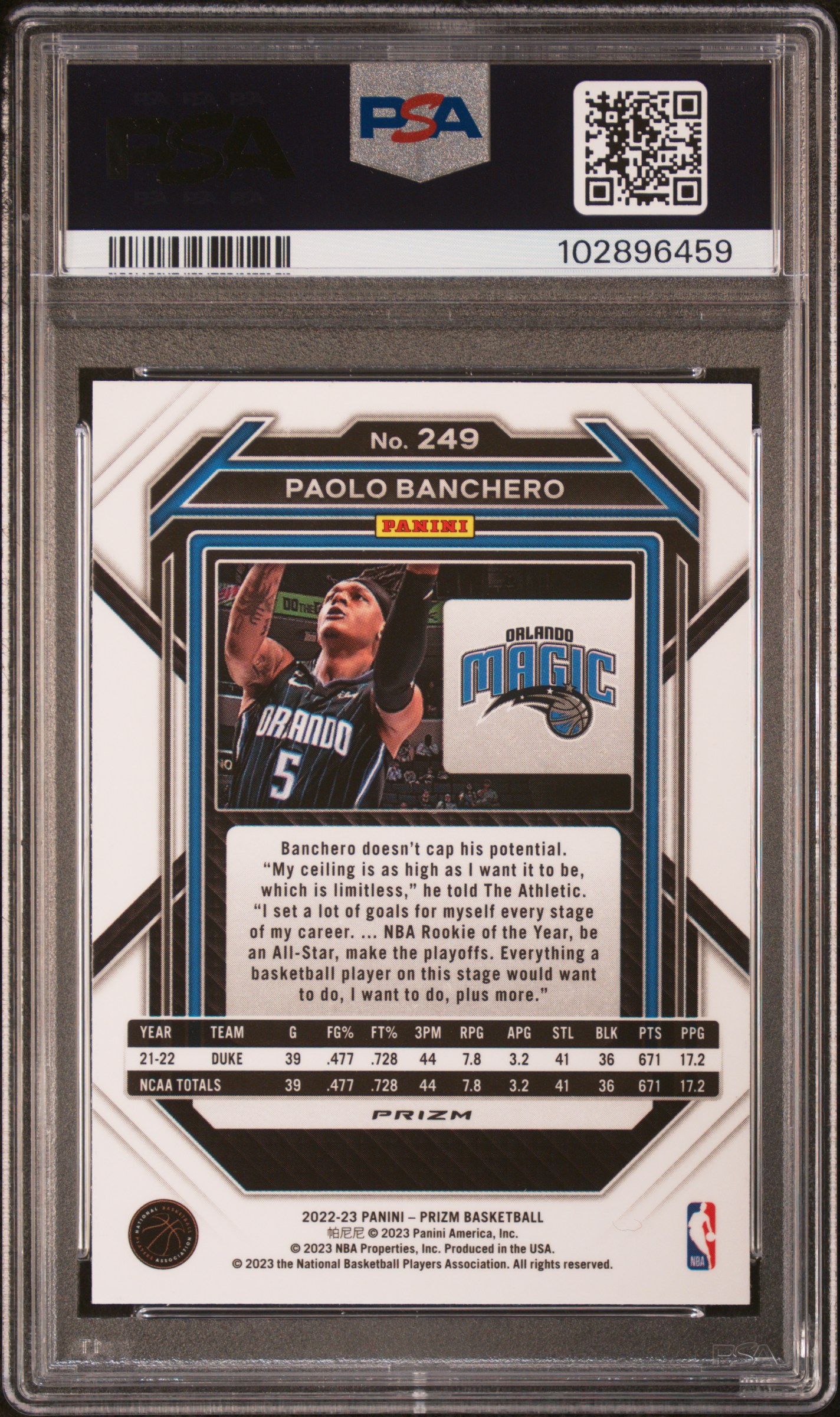 2022 Panini Prizm Paolo Banchero #249 (Pink Ice) Nm-Mt 8 back