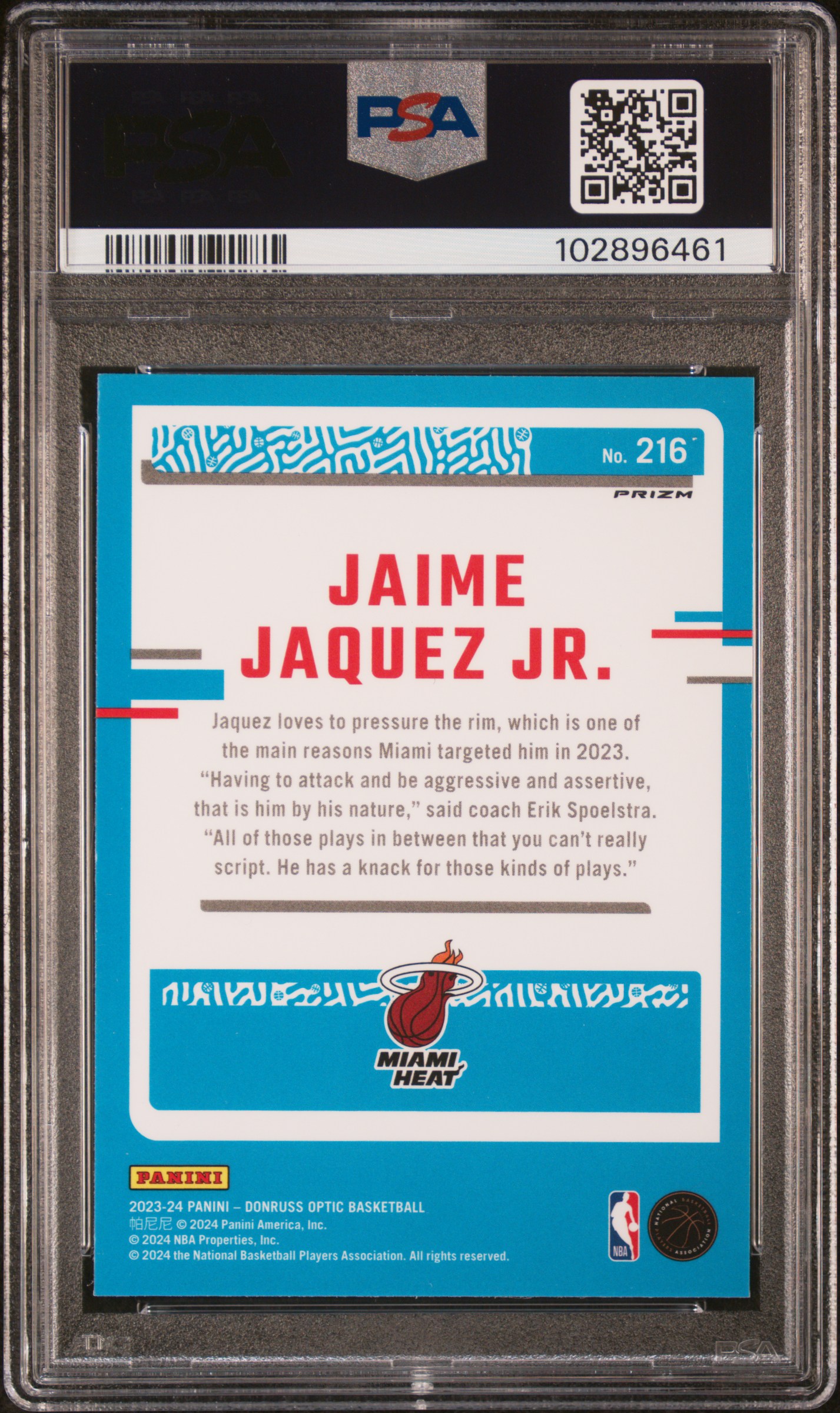 2023 Panini Donruss Optic Jaime Jaquez Jr. #216 (Purple) Gem Mt 10 back