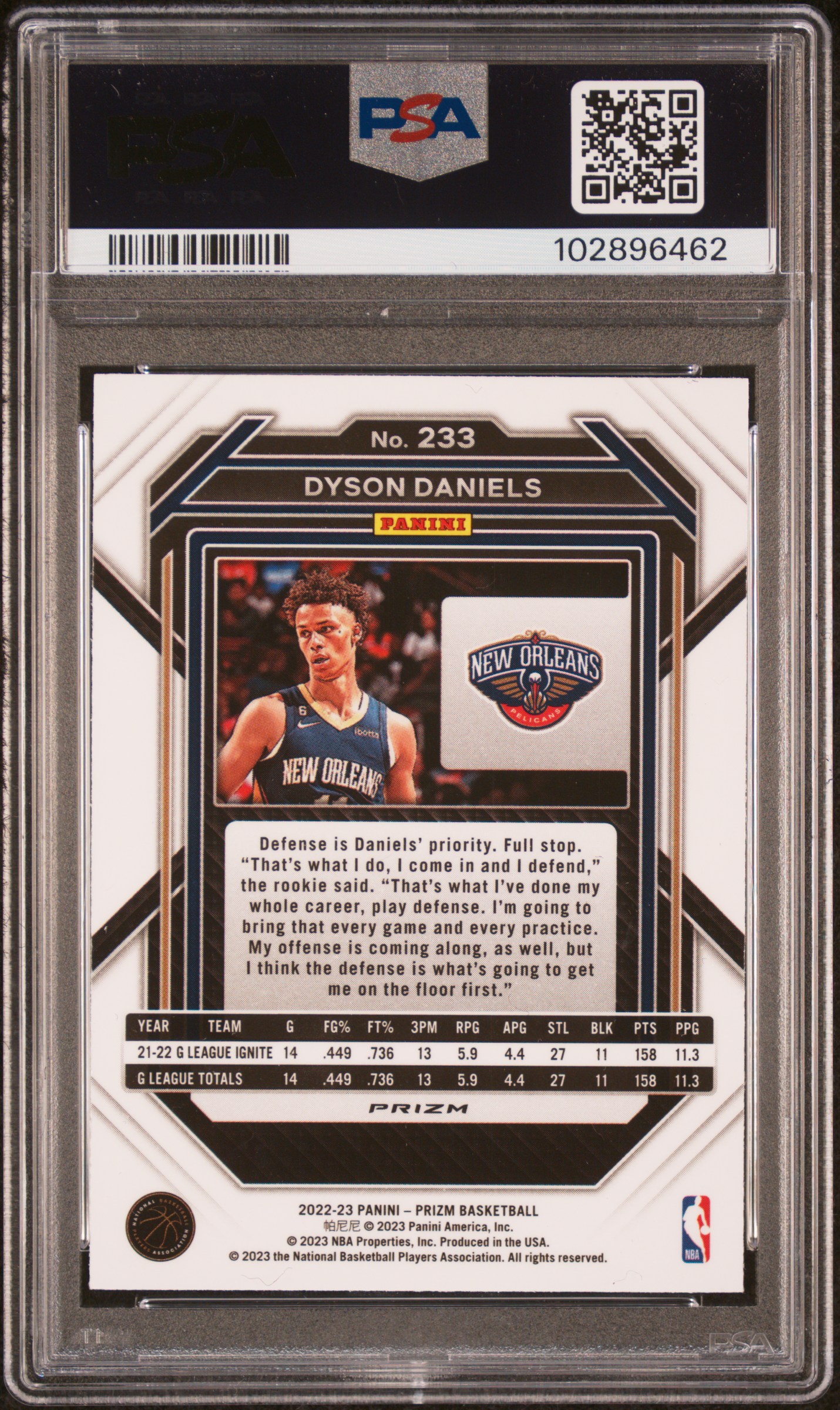 2022 Panini Prizm Dyson Daniels #233 (Silver Prizm) Gem Mt 10 back