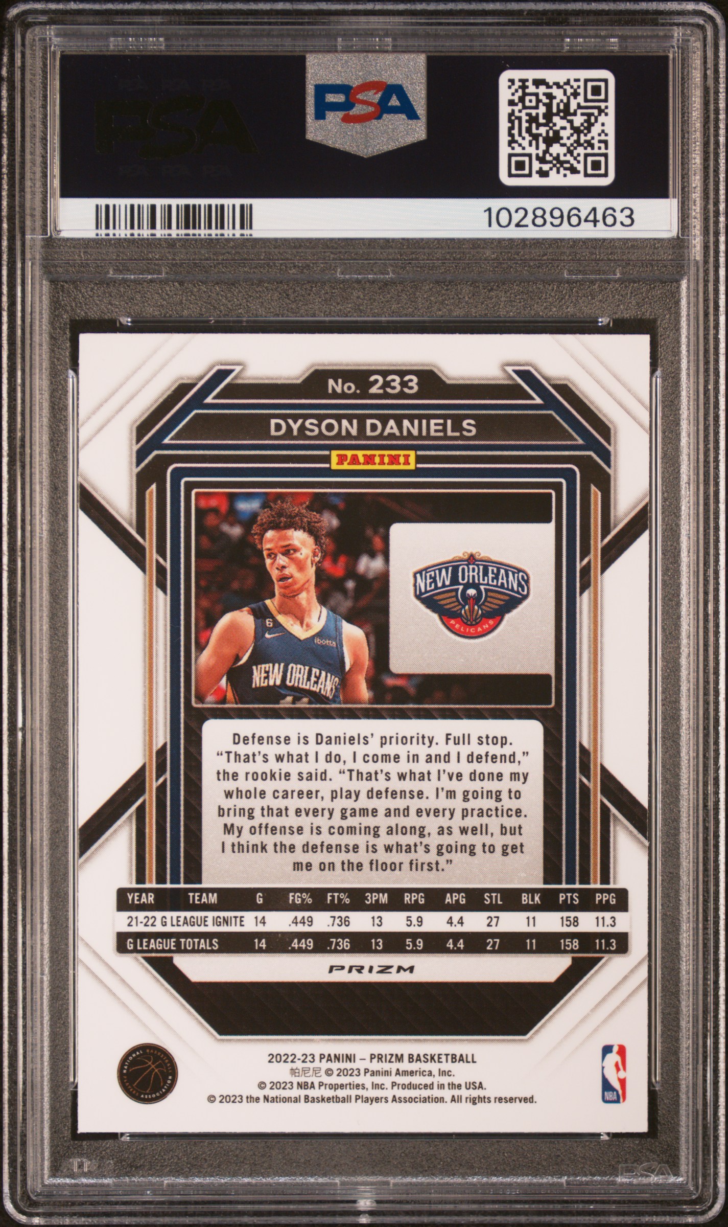 2022 Panini Prizm Dyson Daniels #233 (Silver Prizm) Mint 9 back