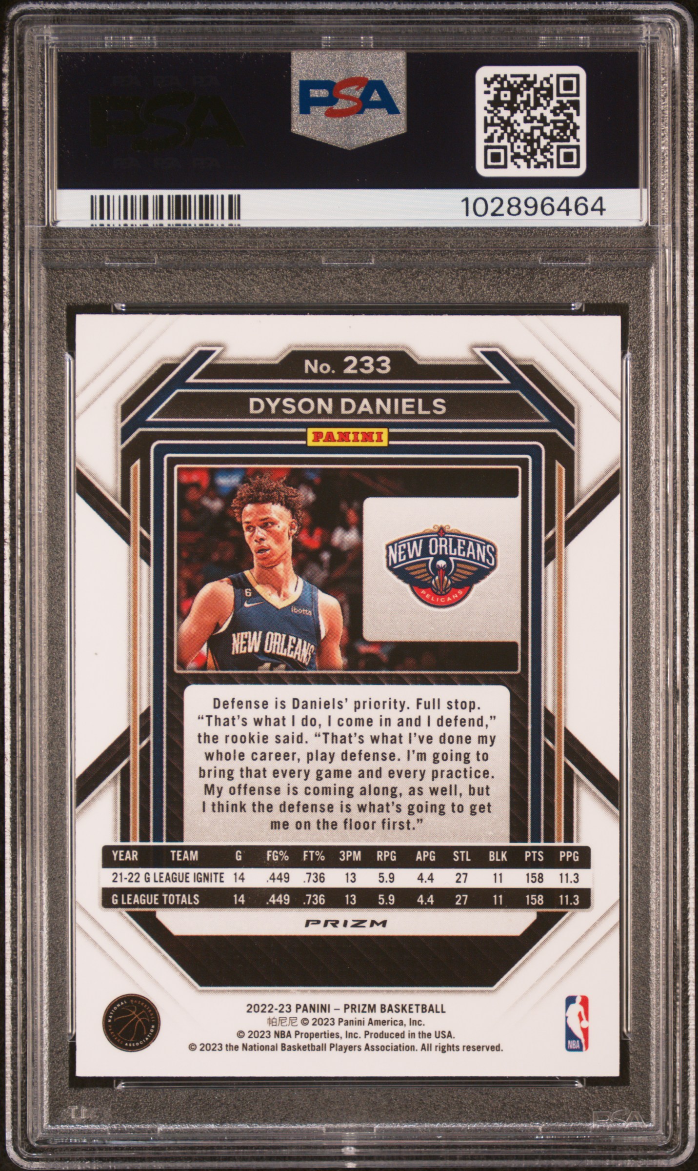 2022 Panini Prizm Dyson Daniels #233 (Silver Prizm) Gem Mt 10 back